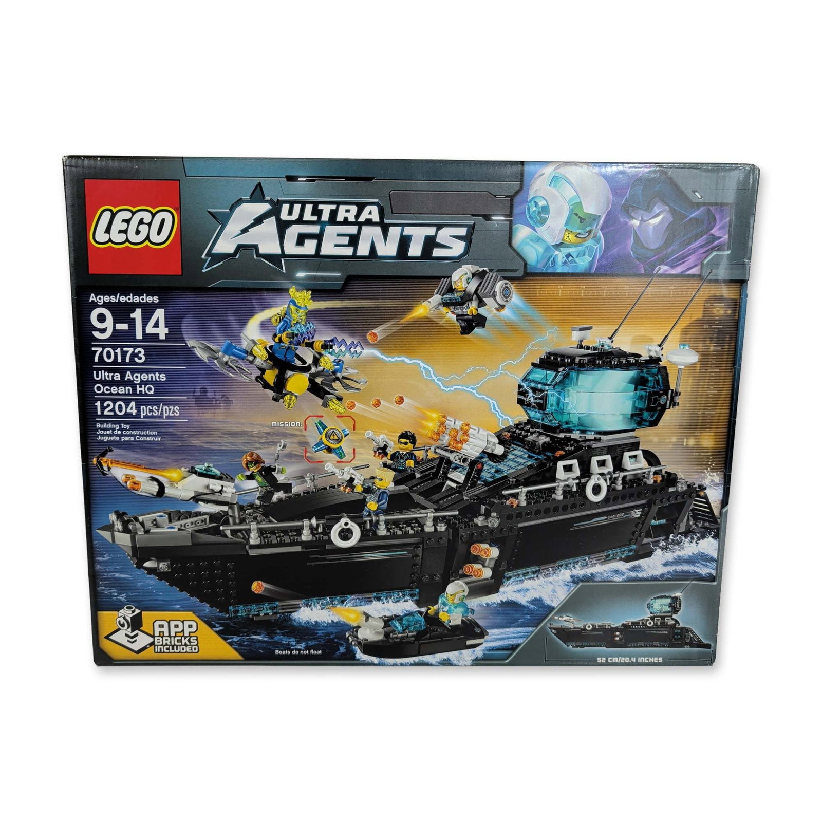 LEGO Ultra Agents Ocean HQ Construction Set 70173: LEGO Ultra Agents Ocean HQ, set number 70173. Plastic construction set featuring a large black-hulled maritime vessel with a translucent blue command center, detachable vehicles, and spring-loaded sho
