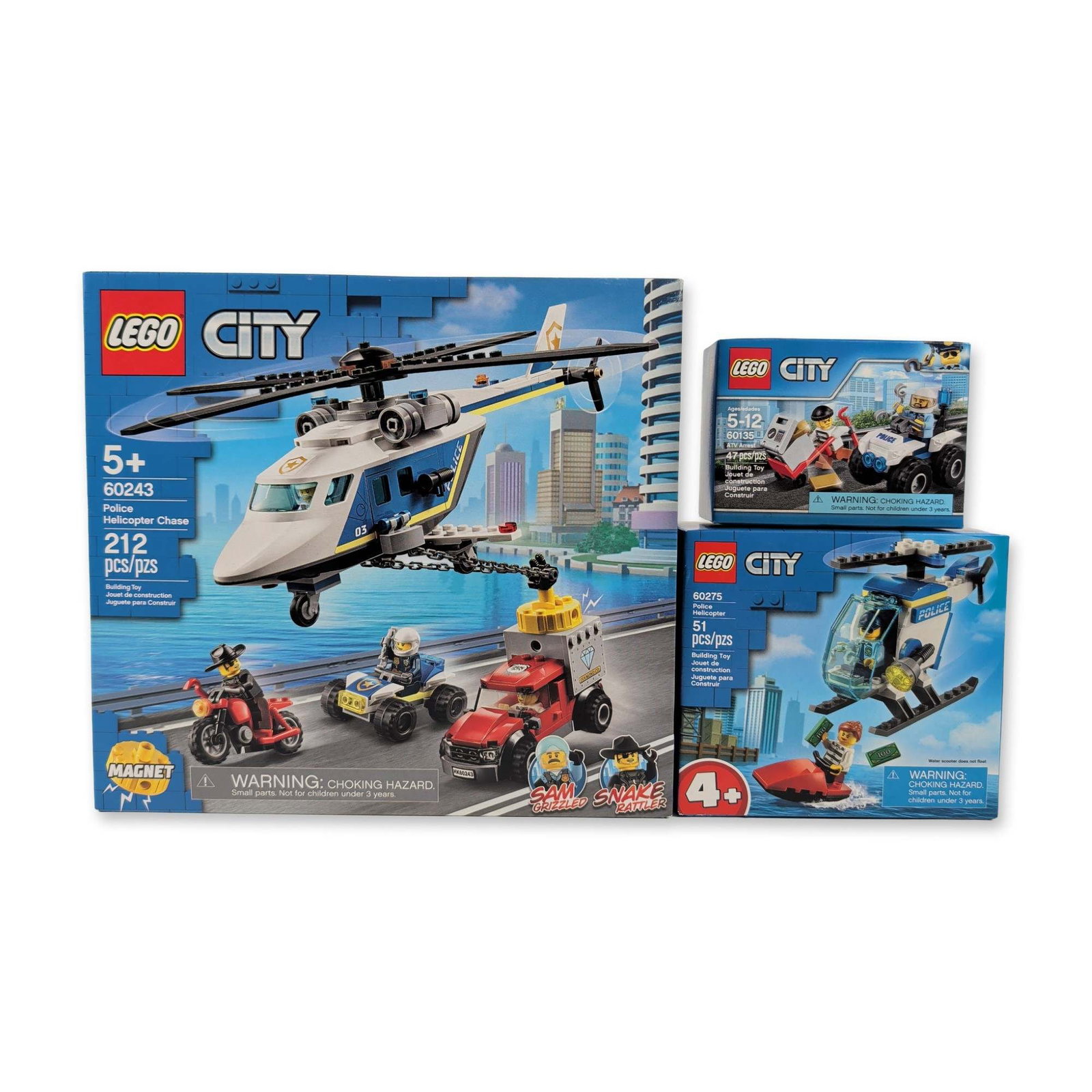 3pc LEGO City Police Set: Helicopter Chase, Helicopter, and ATV Arrest: LEGO, trio of City Police themed construction sets in molded plastic. The grouping includes set 60243 Police Helicopter Chase, set 60275 Police Helicopter, and set 60135 ATV Arrest. Set 60243 features