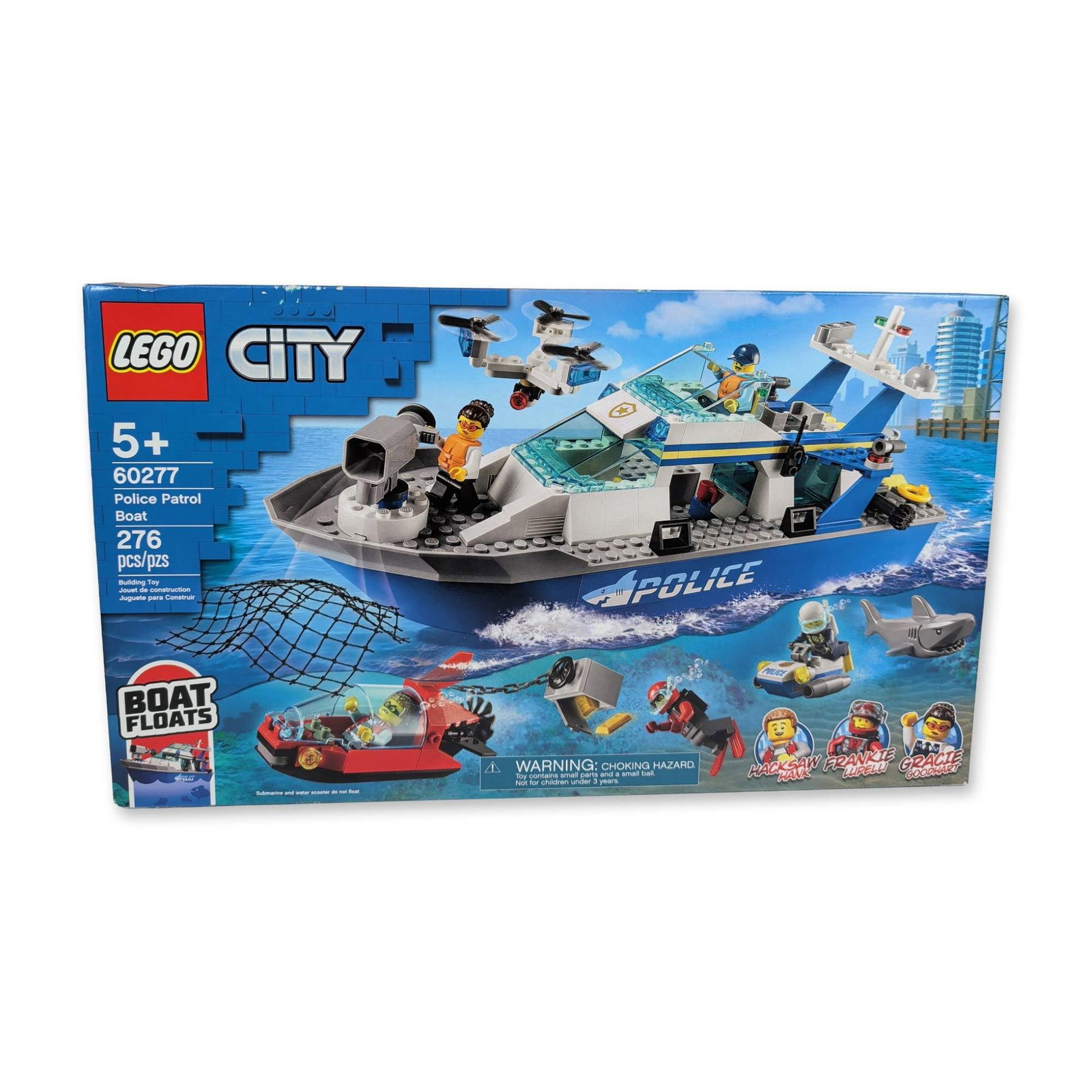 LEGO City Police Patrol Boat 60277: LEGO City Adventures building set, model number 60277, titled Police Patrol Boat. Plastic construction comprising 276 pieces. Primary build consists of a blue and white patrol boat designed to float