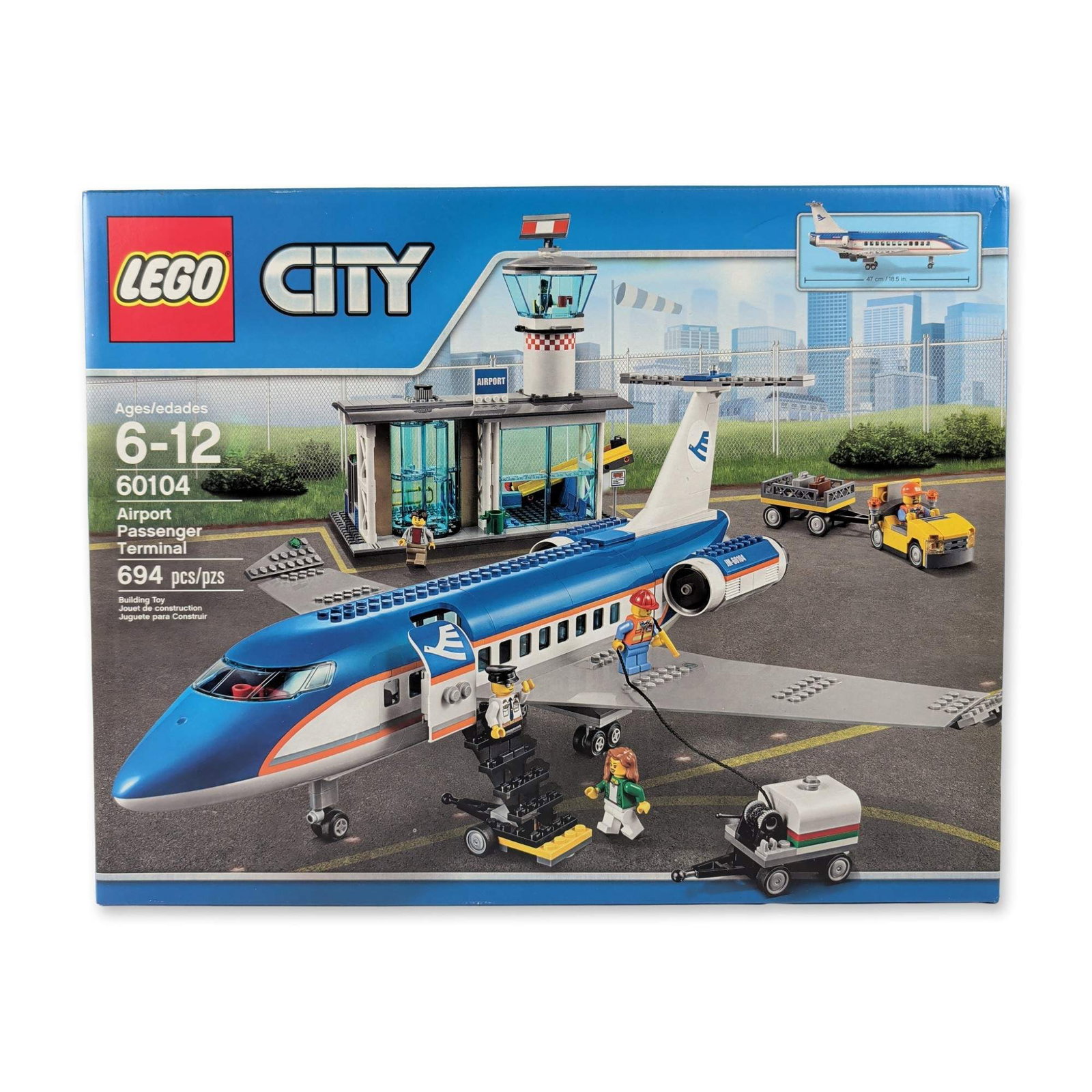 LEGO City Airport Passenger Terminal 60104: LEGO City, 2016. Airport Passenger Terminal construction set 60104 in molded plastic, featuring a 694-piece build including a large passenger airplane with opening door and cockpit, terminal building 