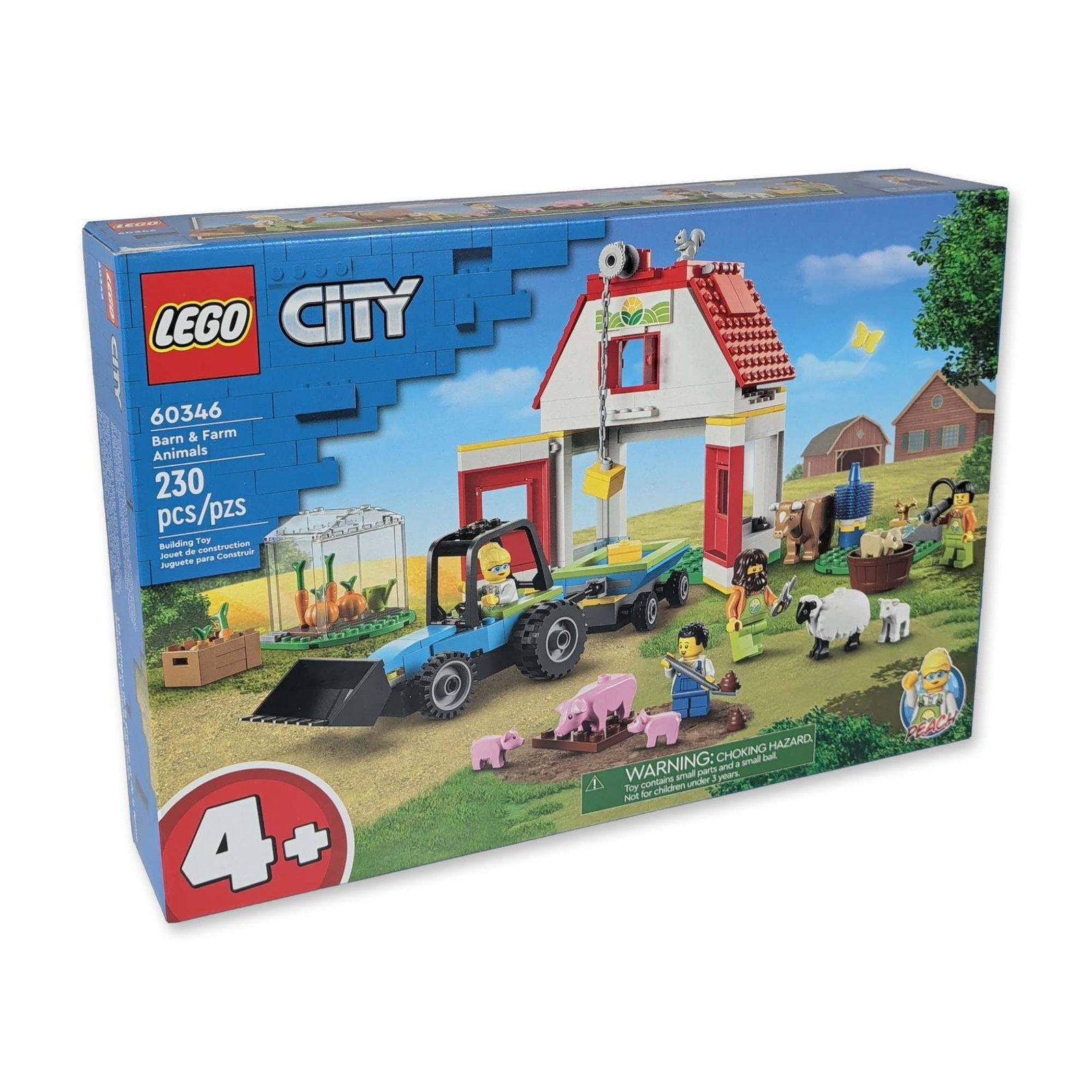 LEGO City 60346 Barn and Farm Animals: LEGO Group. Plastic building set from the City series, model number 60346, titled Barn and Farm Animals. The construction set features a two-story barn with a manual winch mechanism, a tractor with a