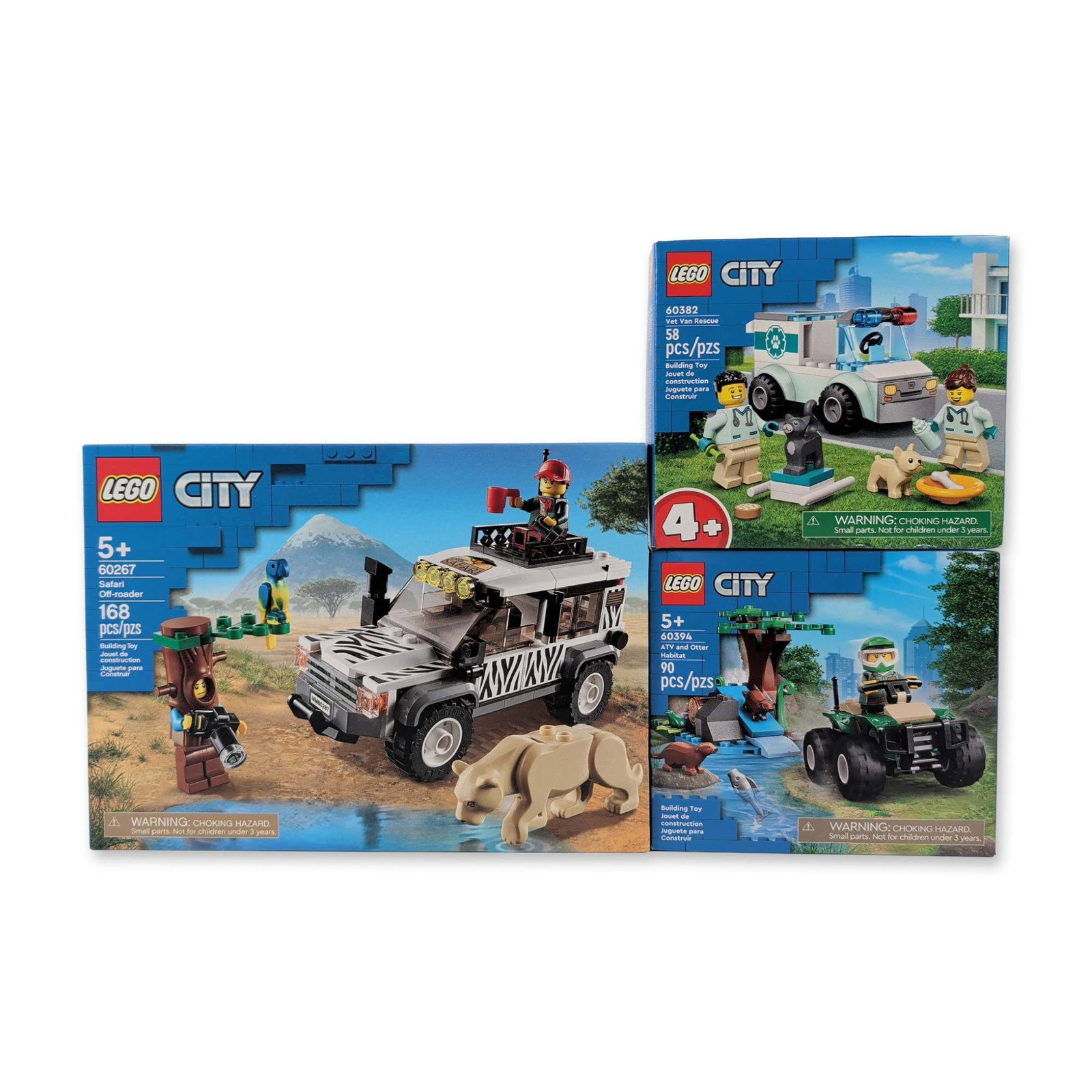 Three LEGO City Wildlife Building Sets: Three LEGO City building sets in interlocking plastic bricks, featuring wildlife and animal rescue themes. The lot includes set 60382 Vet Van Rescue with 58 pieces, comprising a veterinary ambulance,