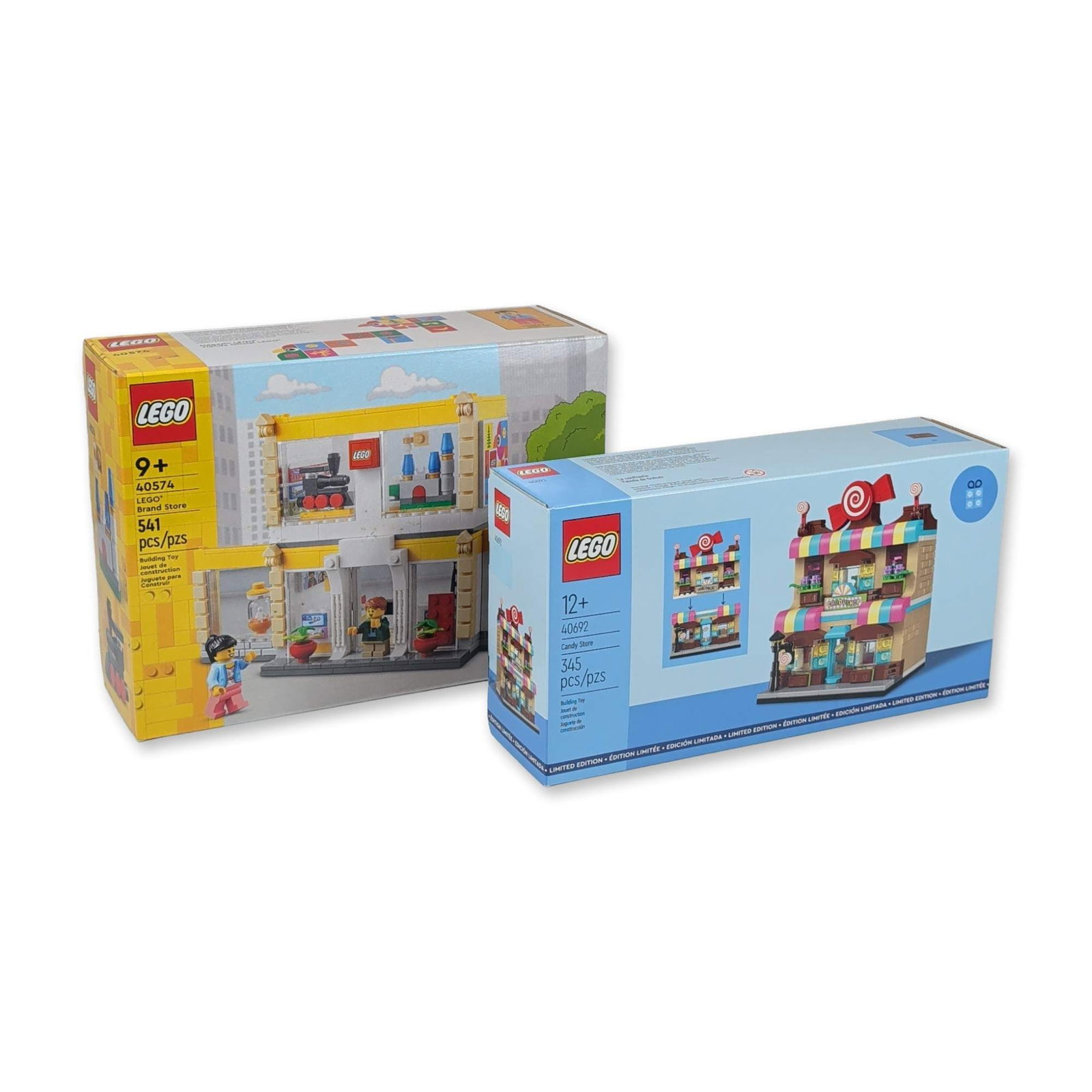 2 LEGO Brand Store and Candy Store Sets: LEGO. A pair of commercial themed construction sets in plastic. Includes LEGO Brand Store (40574) and Limited Edition Candy Store (40692). The Brand Store set features a two-level retail shop with a g