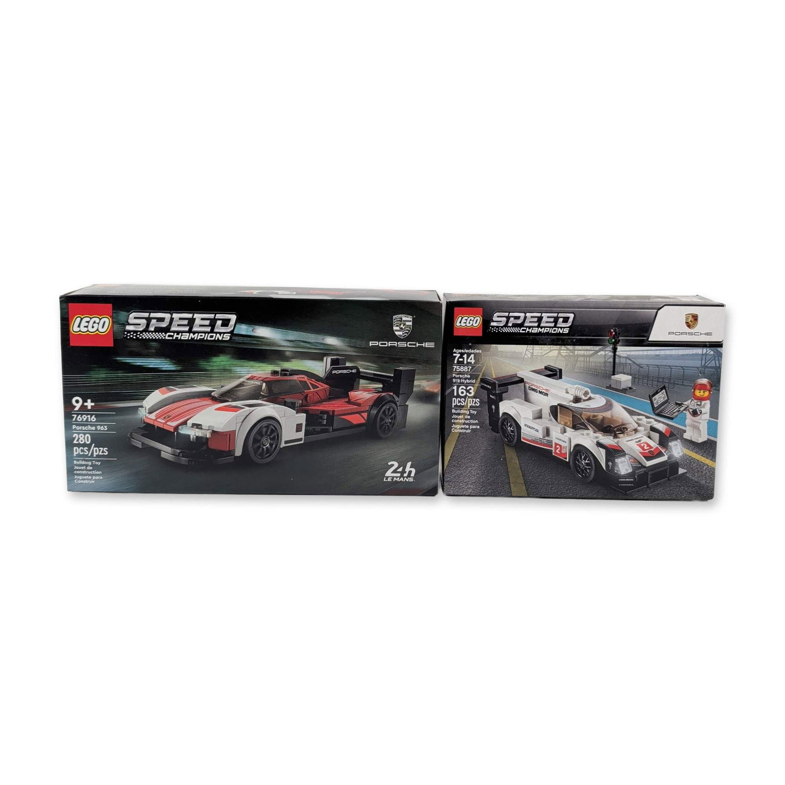 A Pair of LEGO Speed Champions Porsche Building Sets: LEGO. A pair of Speed Champions building sets in plastic, featuring licensed Porsche racing vehicles. Includes set number 75887, the Porsche 919 Hybrid with 163 pieces, and set number 76916, the