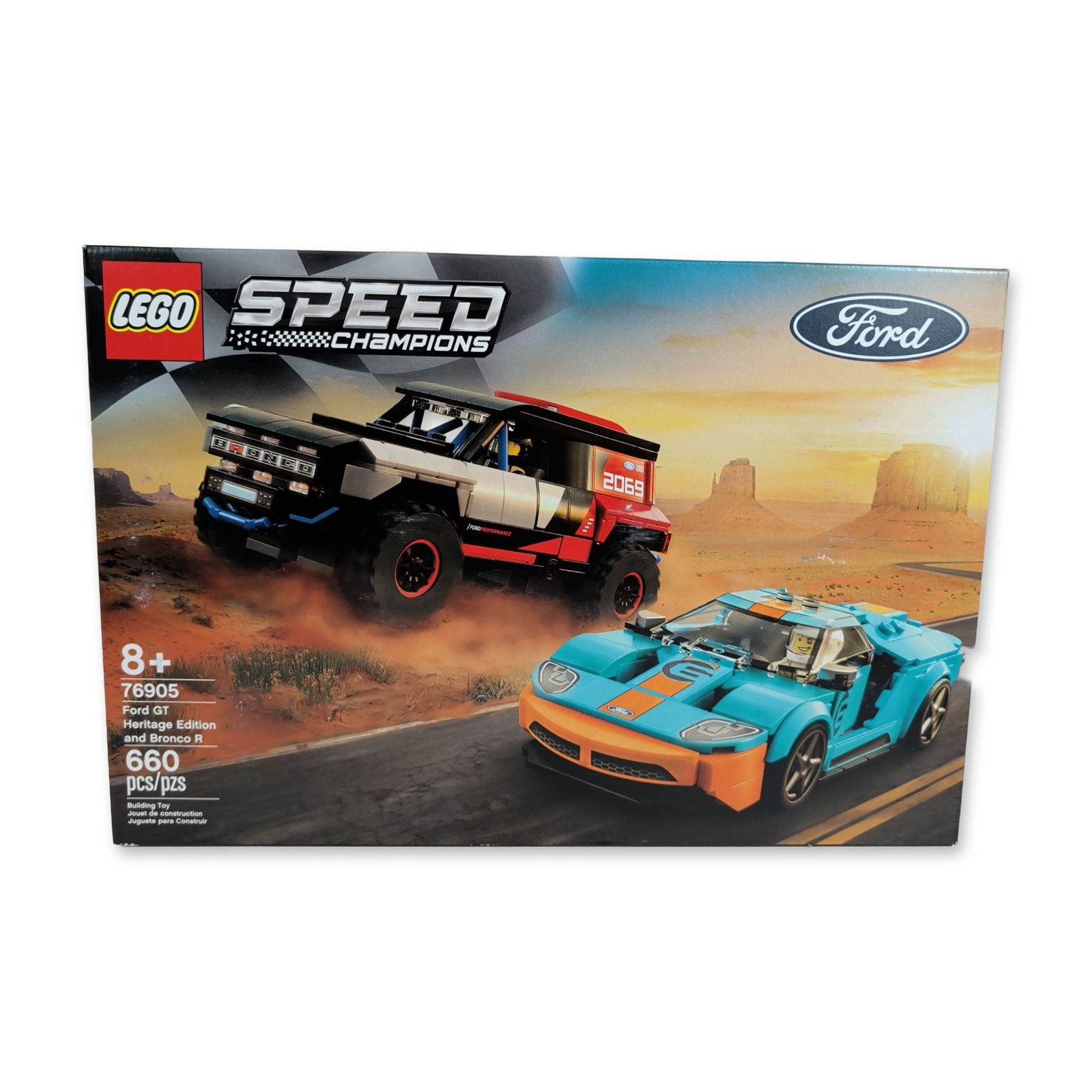 LEGO Speed Champions 76905 Ford Heritage Set: LEGO Group Speed Champions set 76905, featuring the Ford GT Heritage Edition and Bronco R. Construction toy set manufactured from plastic, including 660 pieces to build two distinct vehicle models. Th
