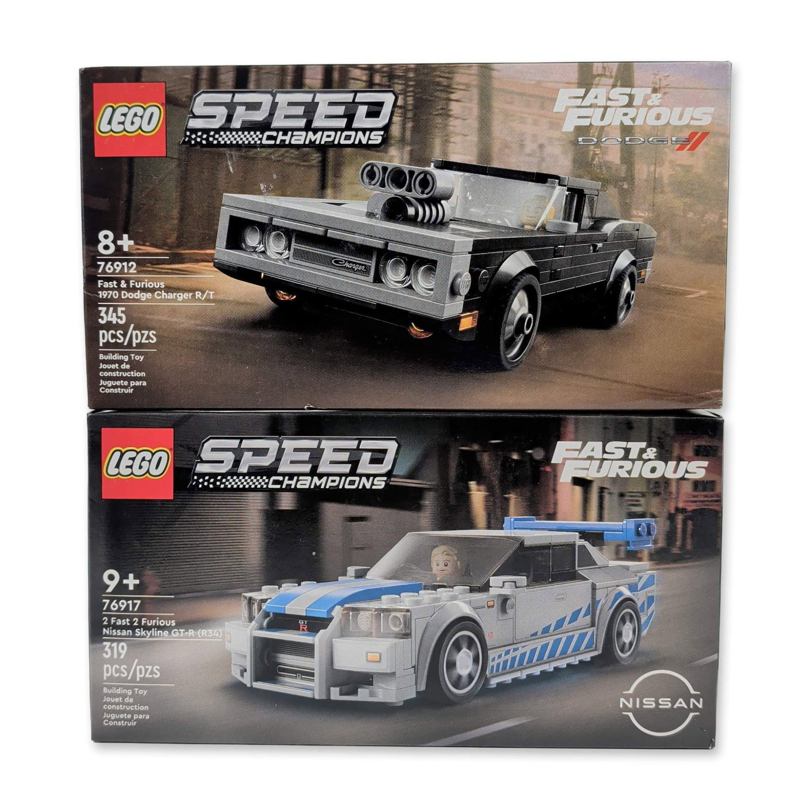 Pair of LEGO Speed Champions Fast & Furious Sets: LEGO. Pair of plastic building sets from the Speed Champions series featuring vehicles from the Fast & Furious film franchise. The lot includes set 76912, a 1970 Dodge Charger R/T containing 345 piece