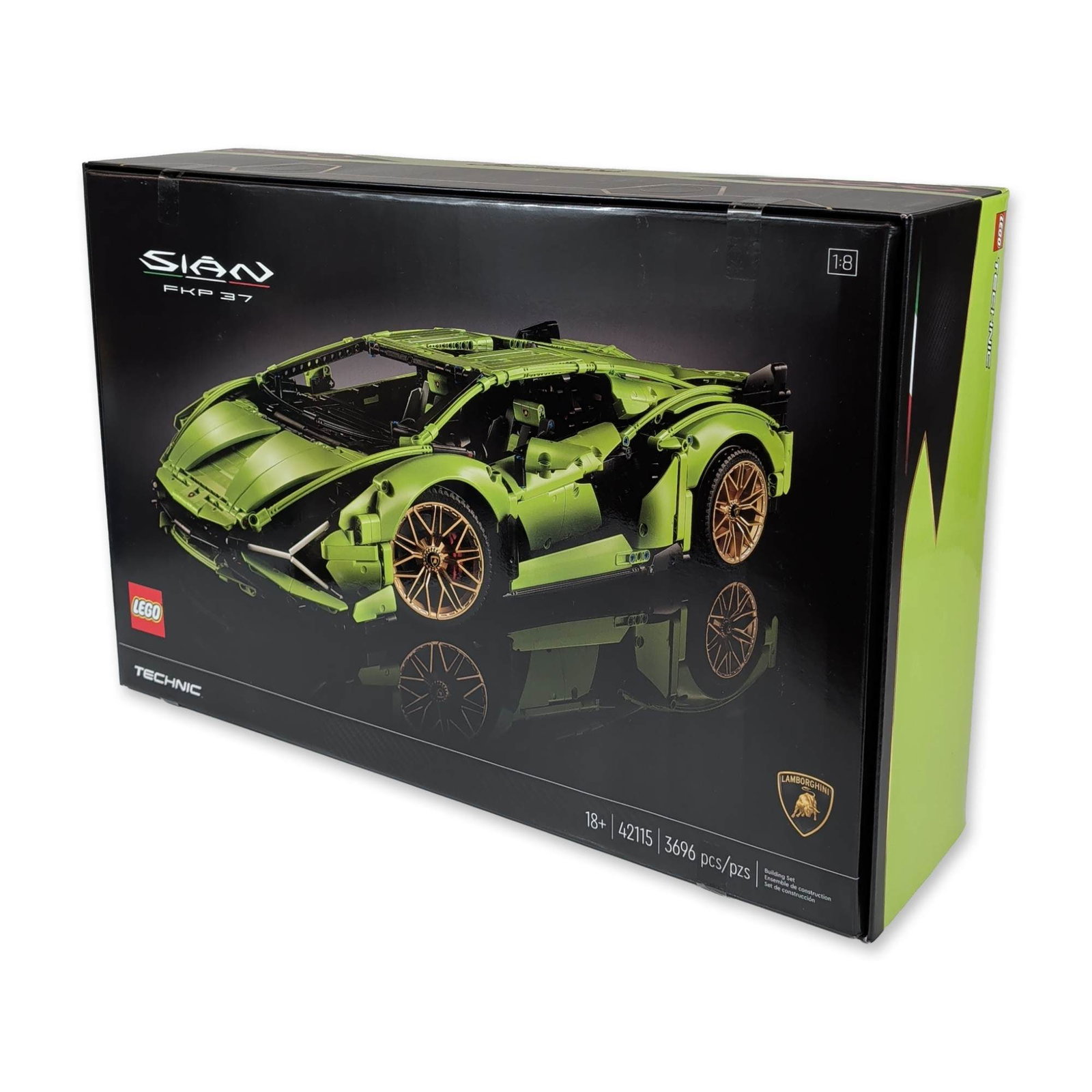 LEGO Technic Lamborghini Sian FKP 37 Building Set 42115: LEGO Technic construction set featuring the Lamborghini Sian FKP 37, set number 42115. This 1:8 scale model is constructed from plastic components and features lime green bodywork, golden rims, and de