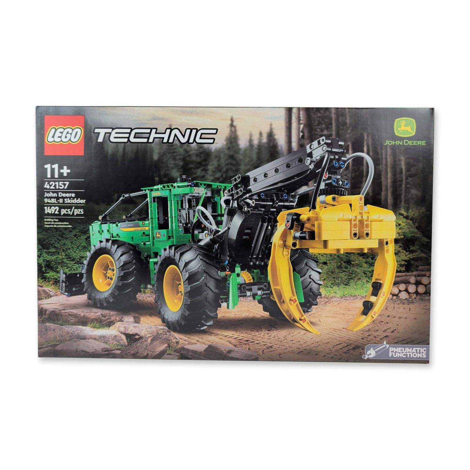 LEGO Technic 42157 John Deere Skidder: LEGO Technic John Deere 948L-II Skidder building set, model number 42157. Set contains 1,492 pieces and features integrated pneumatic functions for the grapple and blade. The model is finished in auth