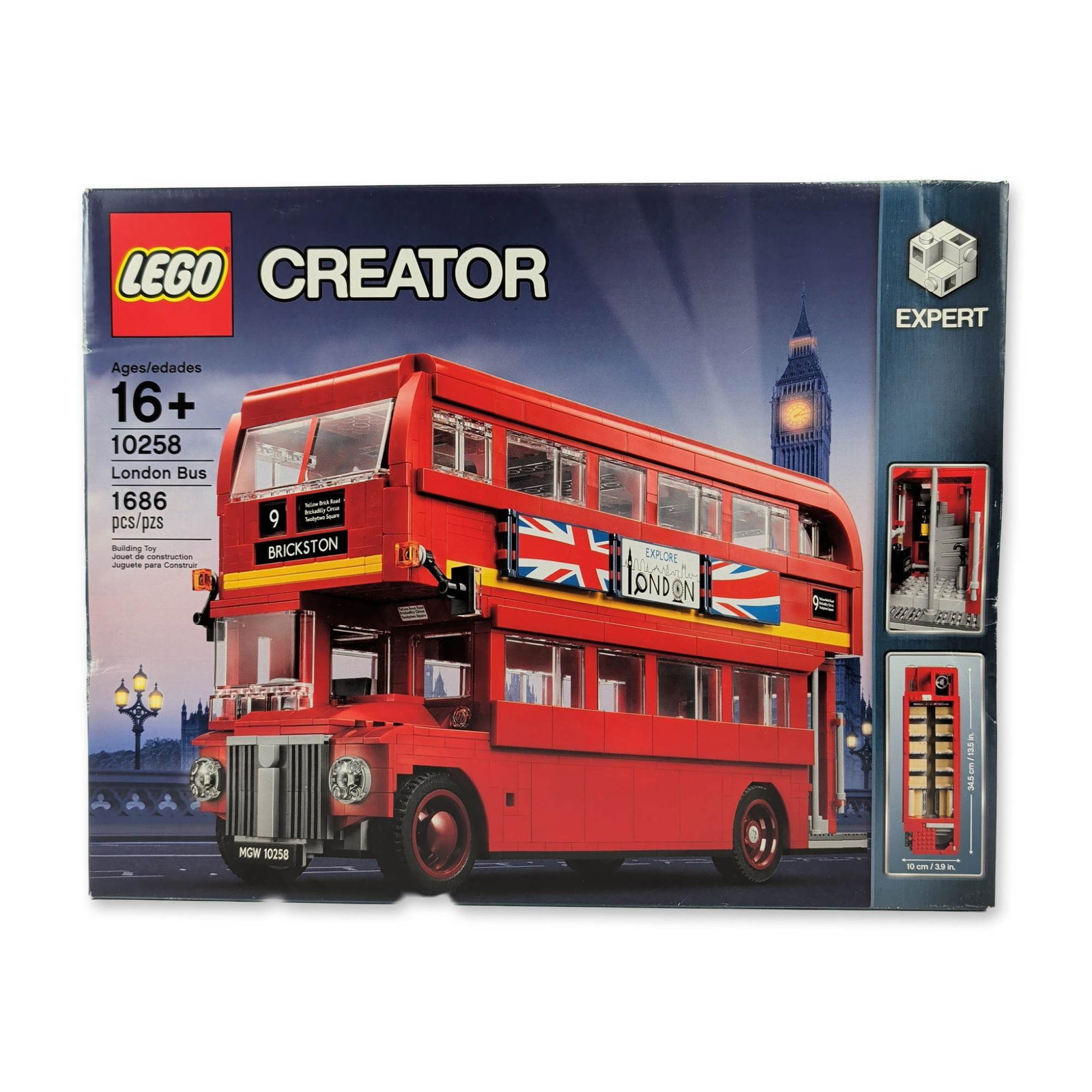 LEGO Creator Expert London Bus Set 10258: LEGO Creator Expert London Bus building set, model 10258. Set includes 1,686 molded plastic pieces used to construct a classic red double-decker bus. This retired set features a detailed interior