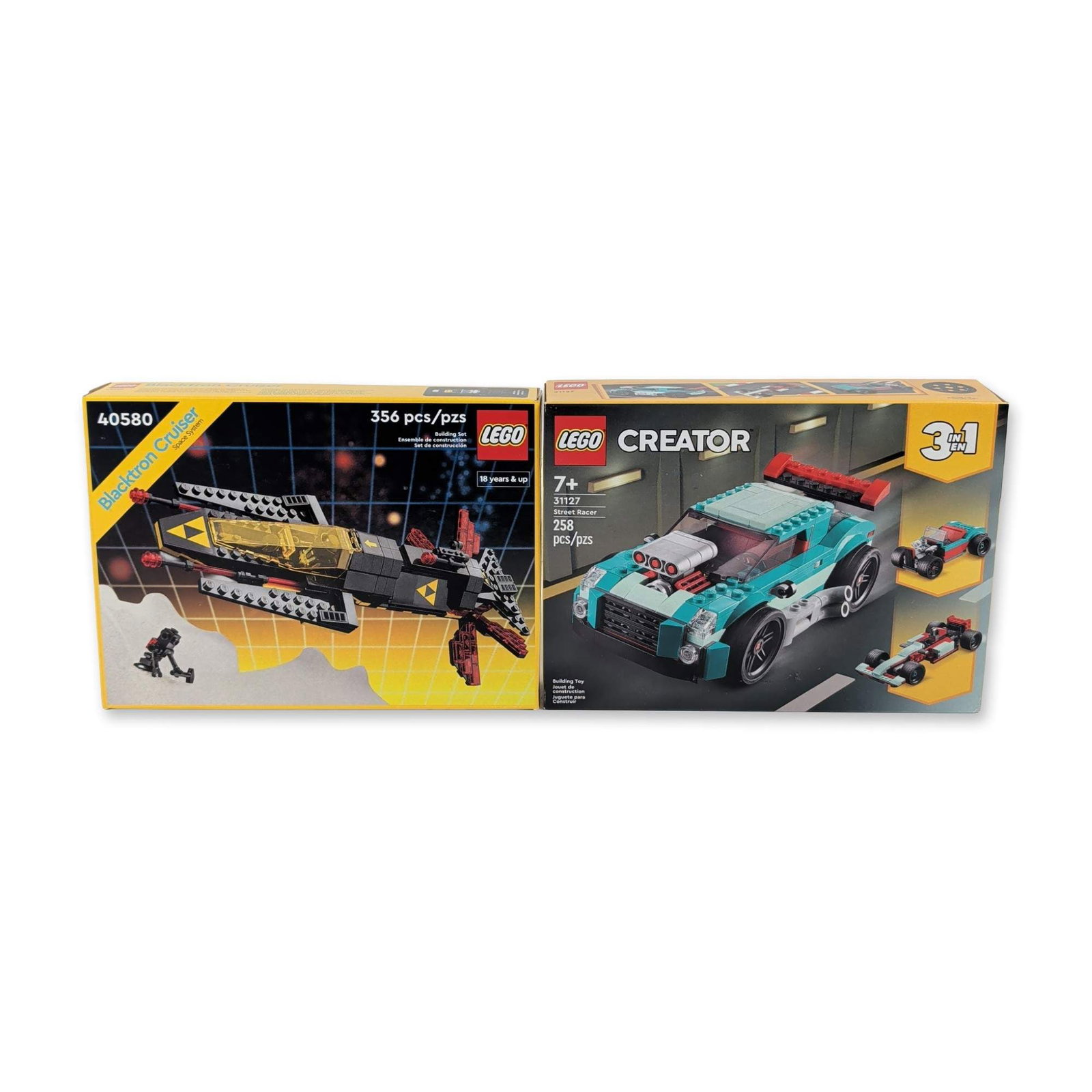 LEGO 2-Set Lot: Creator Street Racer & Retro Space Blacktron Cruiser: LEGO offers two plastic construction sets: the Creator 3in1 Street Racer (31127) and the Icons Blacktron Cruiser (40580). The Street Racer includes 258 pieces and can be built into a street racer, hot