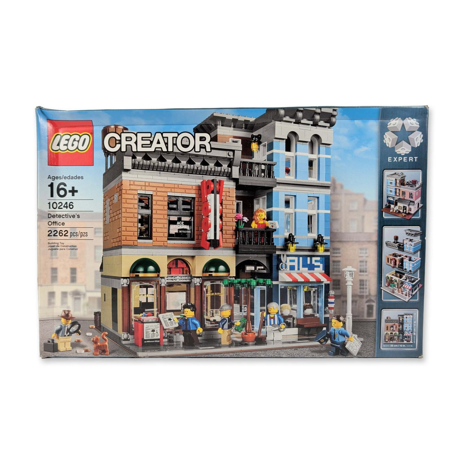 LEGO Creator Expert Detective's Office 10246: The LEGO Group, Creator Expert series. Detective's Office modular building set, number 10246. Plastic construction featuring a two-story streetscape with Al's Barbershop, a pool hall, and a detective'