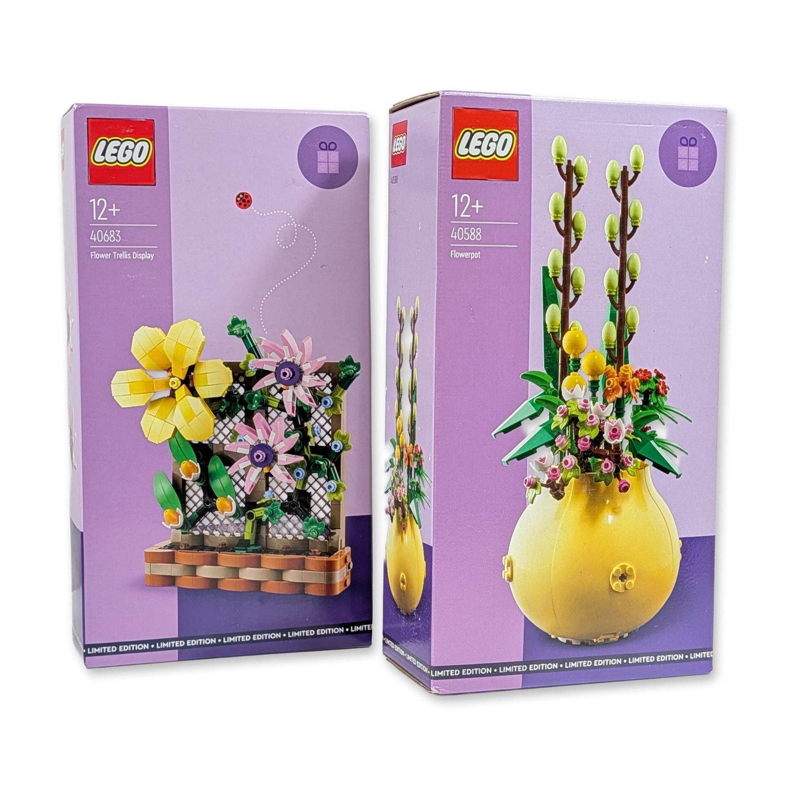 Pair of LEGO Botanical Collection Building Sets: The LEGO Group. Two factory-sealed plastic building sets from the Botanical Collection floral series. Includes set 40683 Flower Trellis Display and set 40588 Flowerpot. Both sets are designated as Lim