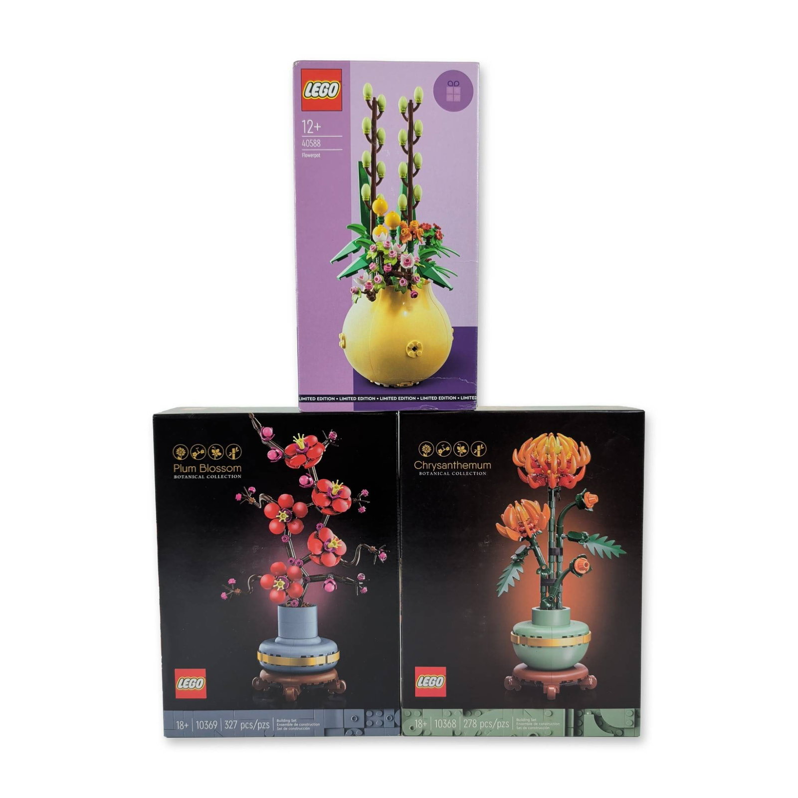 Three LEGO Botanical Collection Building Sets: LEGO grouping of three factory-sealed building sets, featuring two models from the Botanical Collection and one Limited Edition promotional set. The collection includes Plum Blossom (10369) containing