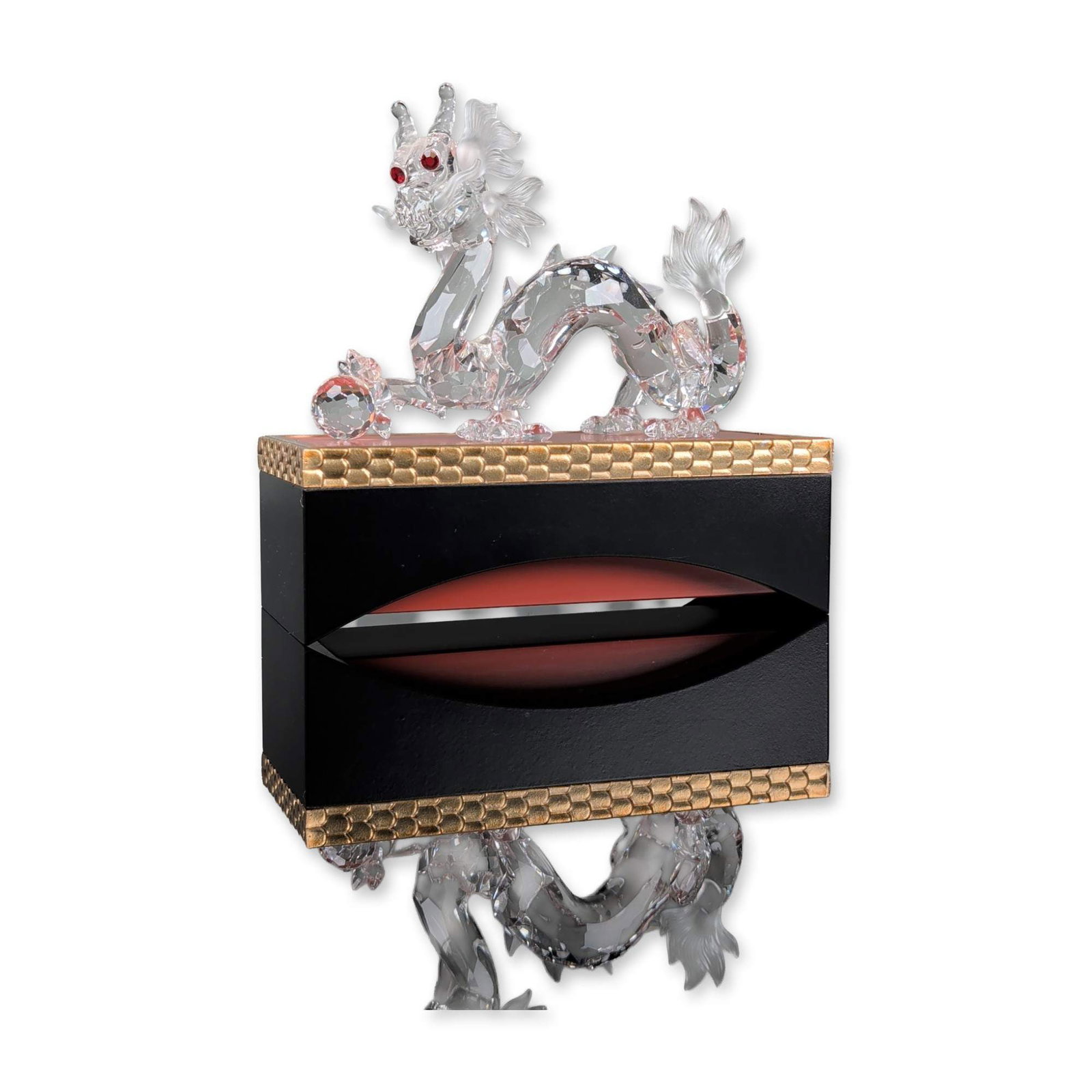 Swarovski Crystal 1997 SCS Annual Edition Figurine, The Dragon with Base: Swarovski Crystal Society (SCS) 1997 Annual Edition figurine titled The Dragon, part of the Fabulous Creatures trilogy. The figure is constructed of clear faceted lead crystal with frosted crystal acc