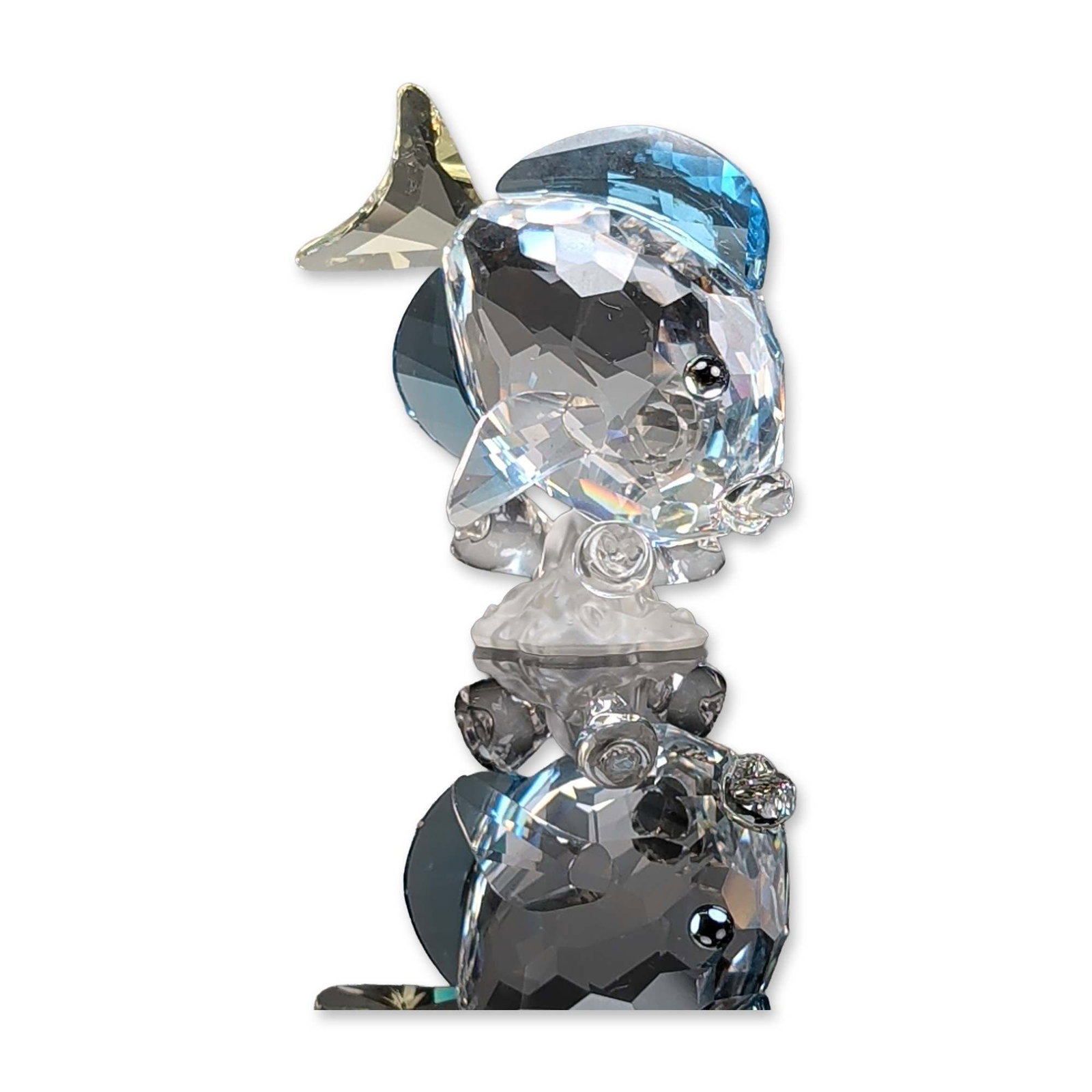 Swarovski Crystal Figurine, Blue Tang Fish: Swarovski crystal figurine of a blue tang fish from the Wonders of the Sea collection 2007. The piece is constructed from multi-colored faceted lead crystal, featuring a clear body with black crystal 