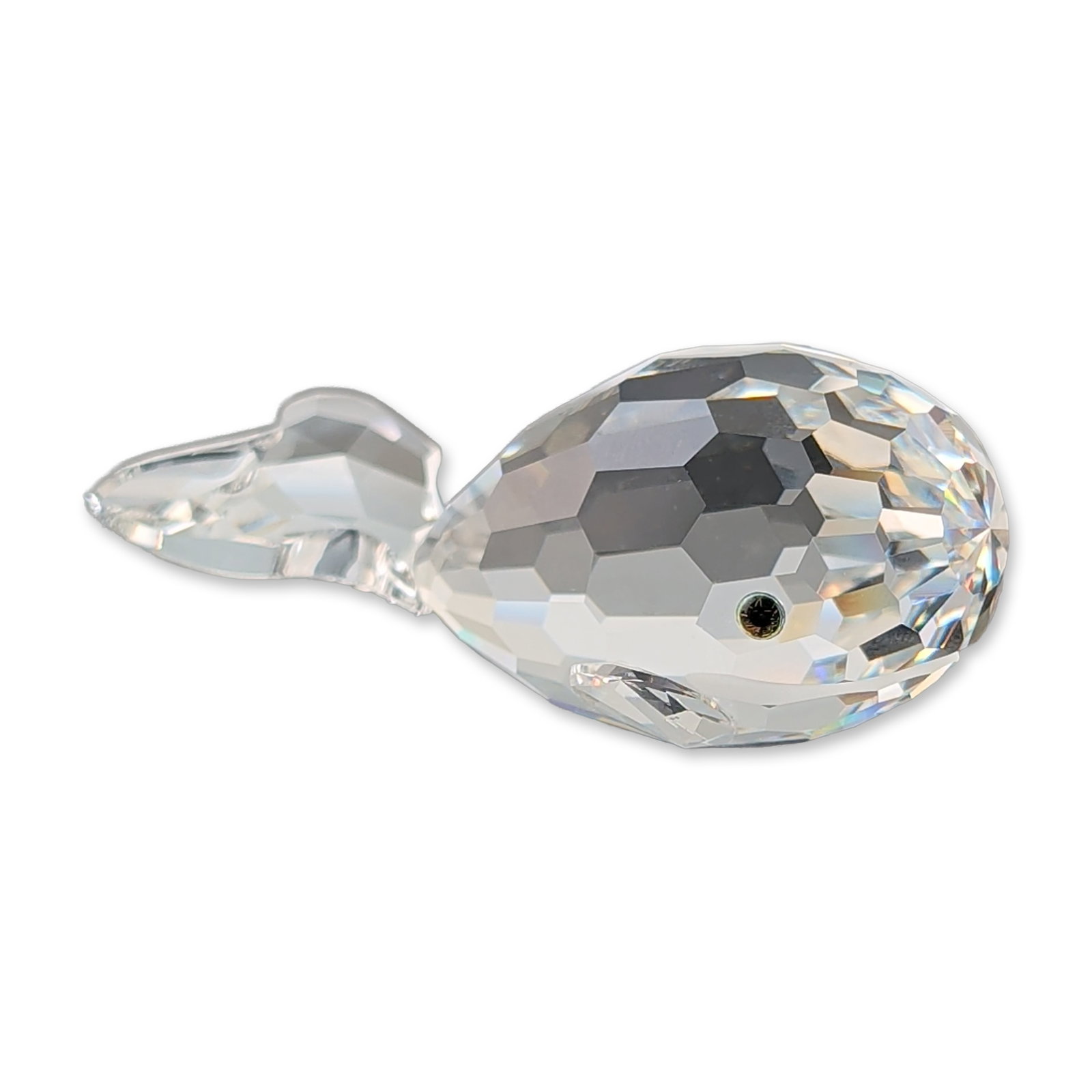 Swarovski Michael Stamey Signed Crystal Whale Figurine: Swarovski Silver Crystal whale figurine, also known as Smiley Whale or Moby Dick, designed by Michael Stamey. Crafted from clear faceted lead crystal with a rounded body, an upright tail, and small cr