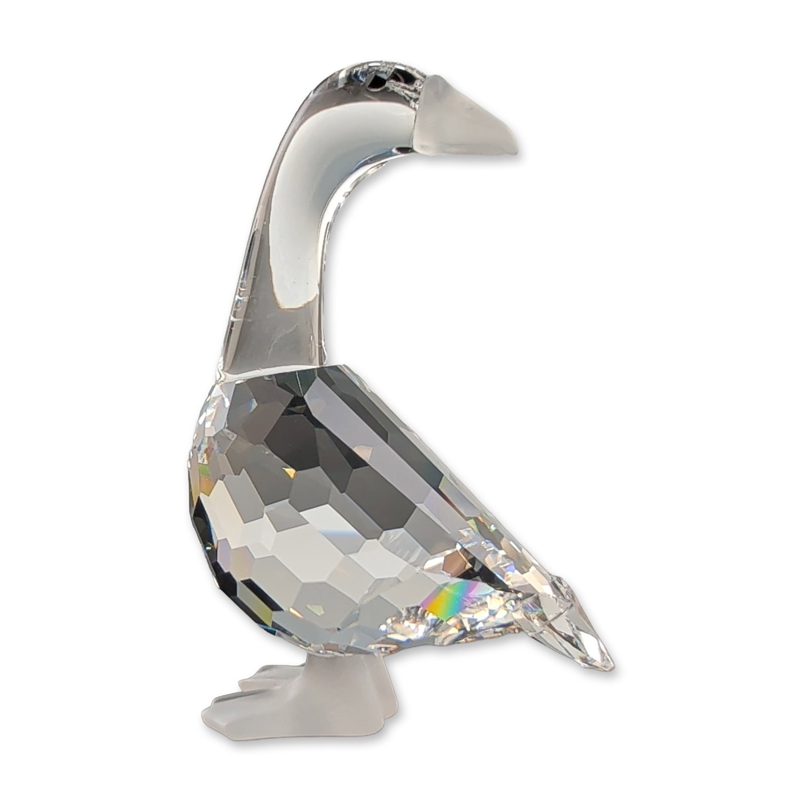 Swarovski Silver Crystal Mother Goose Figurine: Swarovski faceted lead crystal figurine titled Mother Goose, part of the Silver Crystal collection. The piece is designed with a highly faceted body, a smooth polished neck, and frosted crystal accent