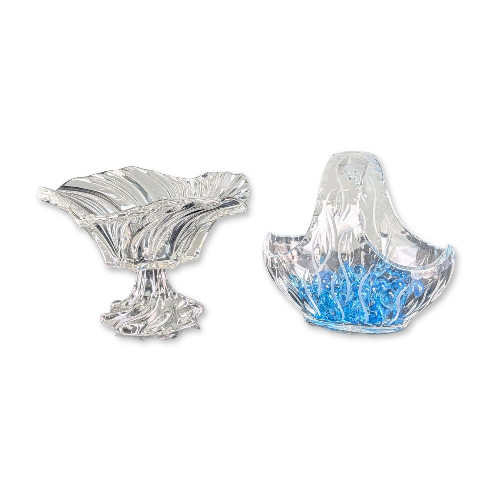 2pc Mikasa Belle Epoque Bowl and Frosted Glass Basket: Mikasa Belle Epoque pattern footed centerpiece bowl and a frosted glass basket. The Mikasa bowl is pressed clear crystal featuring a deep scalloped rim and a continuous swirling ribbed design extendin