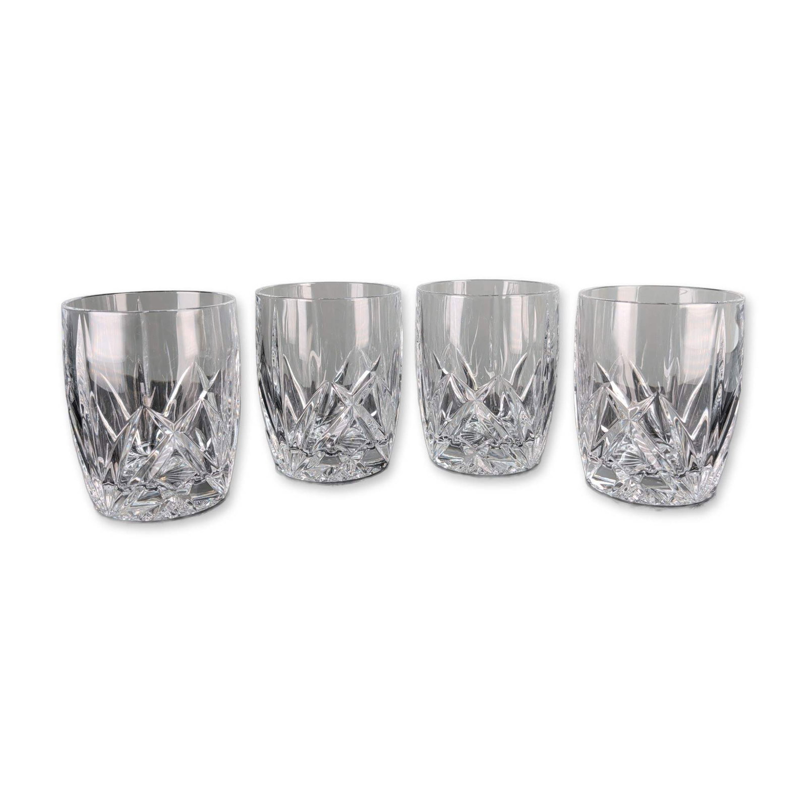 4pc Marquis by Waterford Brookside Double Old Fashioned Glass: Waterford. Highball glasses in lead crystal, featuring the Brookside pattern with deep vertical wedge cuts surmounted by a band of crisscrossing diamond cuts. Each piece is finished with a multi-point