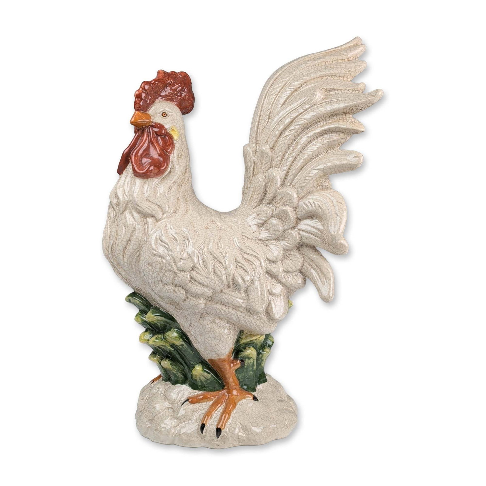 Large Italian Polychrome Ceramic Rooster Figurine: Italian ceramic figure of a rooster in a dynamic standing pose with chest out. The piece features molded plumage throughout, finished in an off-white crackle glaze with polychrome accents. The head is