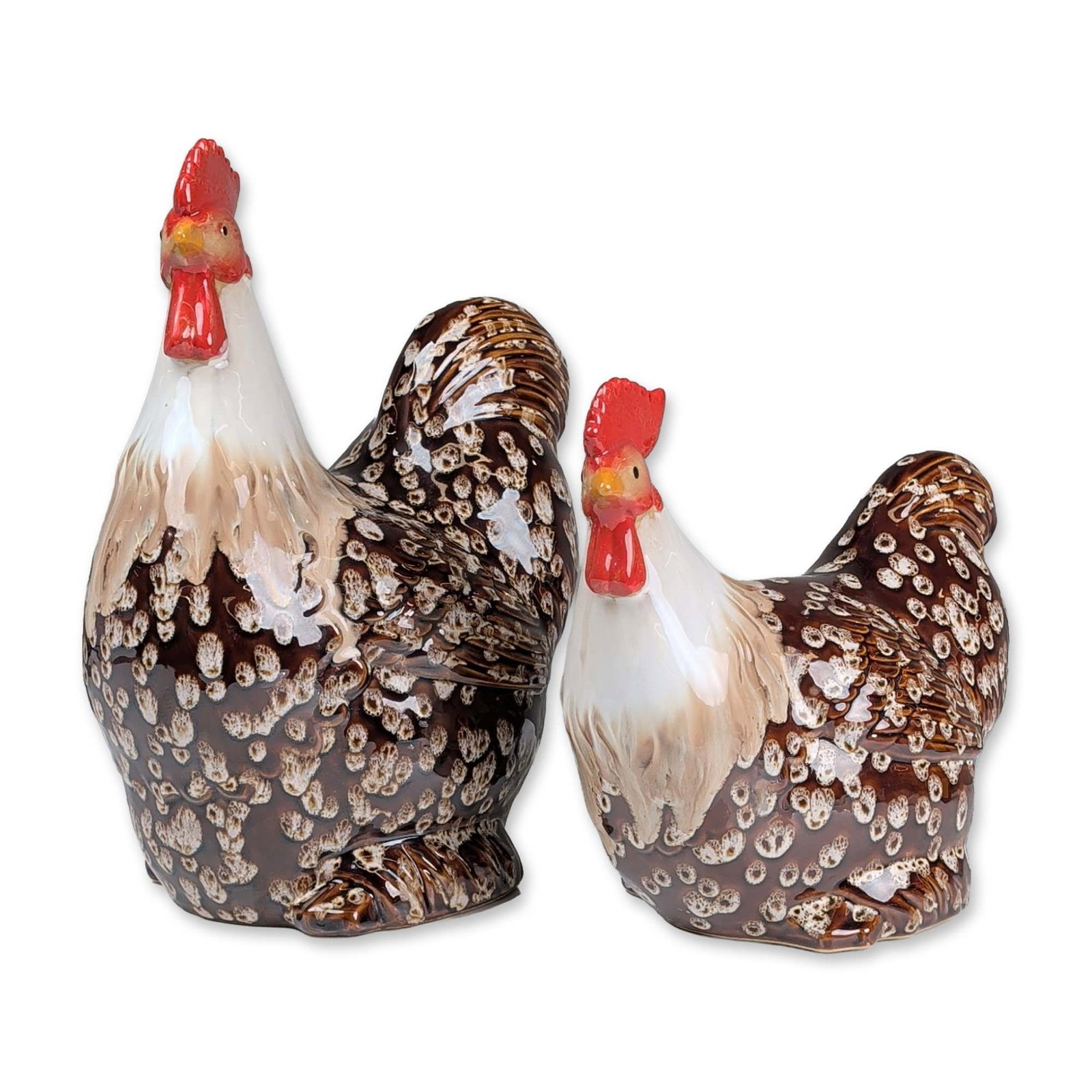 2pc Farmhouse Brown and White Speckled Glazed Ceramic Hen Figurines (1 of 4)