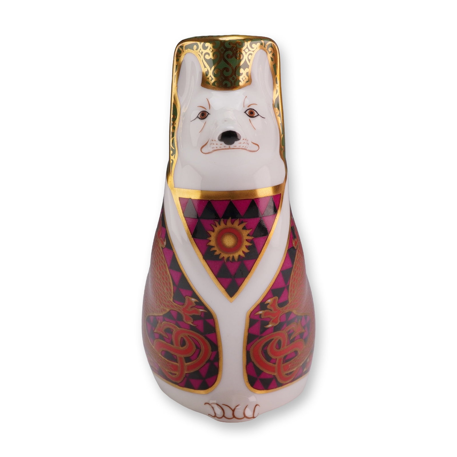 Royal Crown Derby English Bone China Figurine, National Dogs Corgi: A Royal Crown Derby fine bone china figurine from the National Dogs collection, modeled as a Corgi. The piece features polychrome decoration and extensive gilding. The stylized figure is embellished w