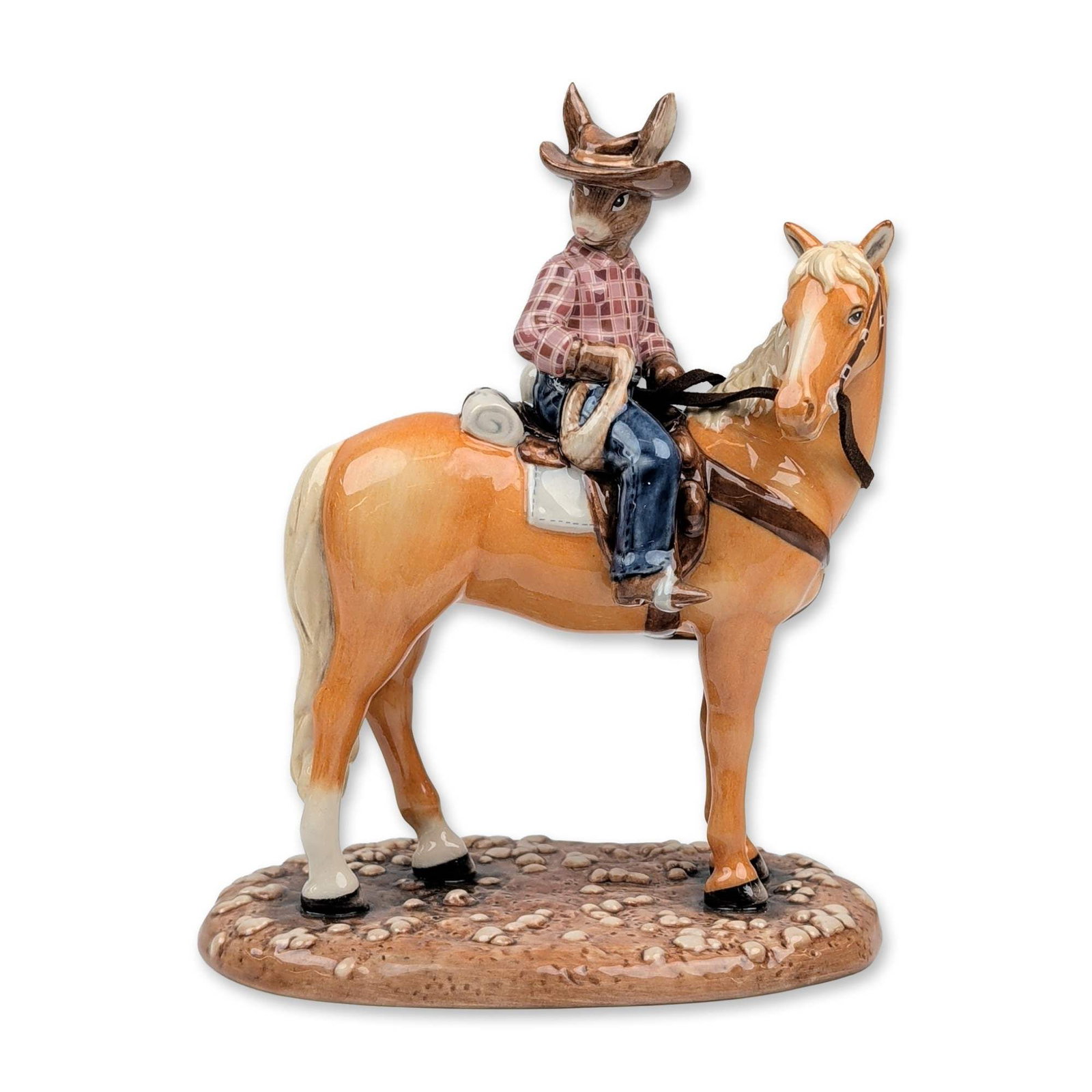 Royal Doulton Jackaroo Bunnykins Figurine DB512: Royal Doulton limited edition Bunnykins figurine, titled Jackaroo Bunnykins (DB 512), in hand-decorated glazed earthenware. The piece depicts a rabbit character dressed in a red and tan plaid shirt, b