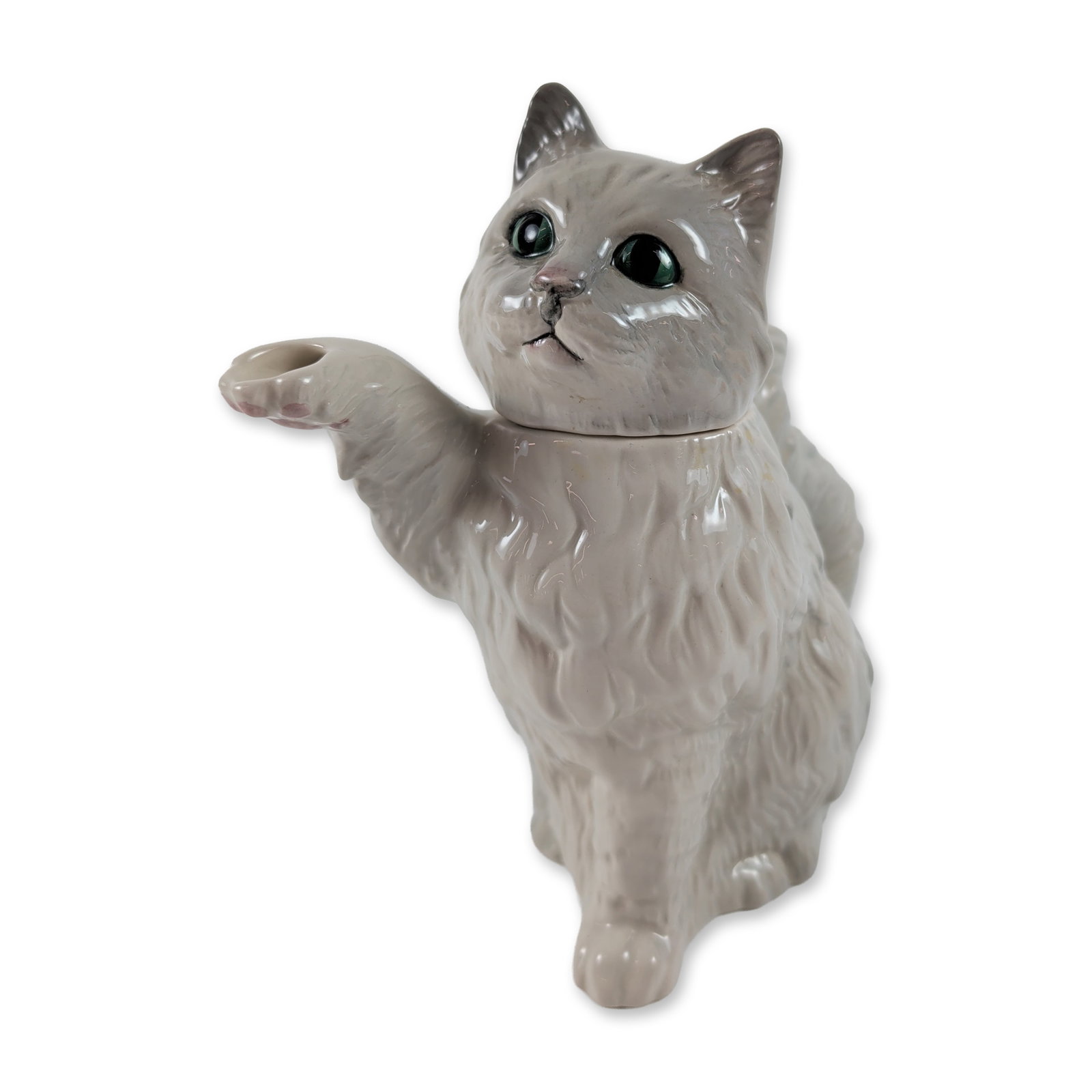 Beswick Ceramic Gray Persian Cat Teapot: Beswick ceramic figural teapot in the form of a long-haired Persian cat, featuring a gray and white glaze. The design incorporates a raised front paw serving as the spout, a curled tail as the handle,