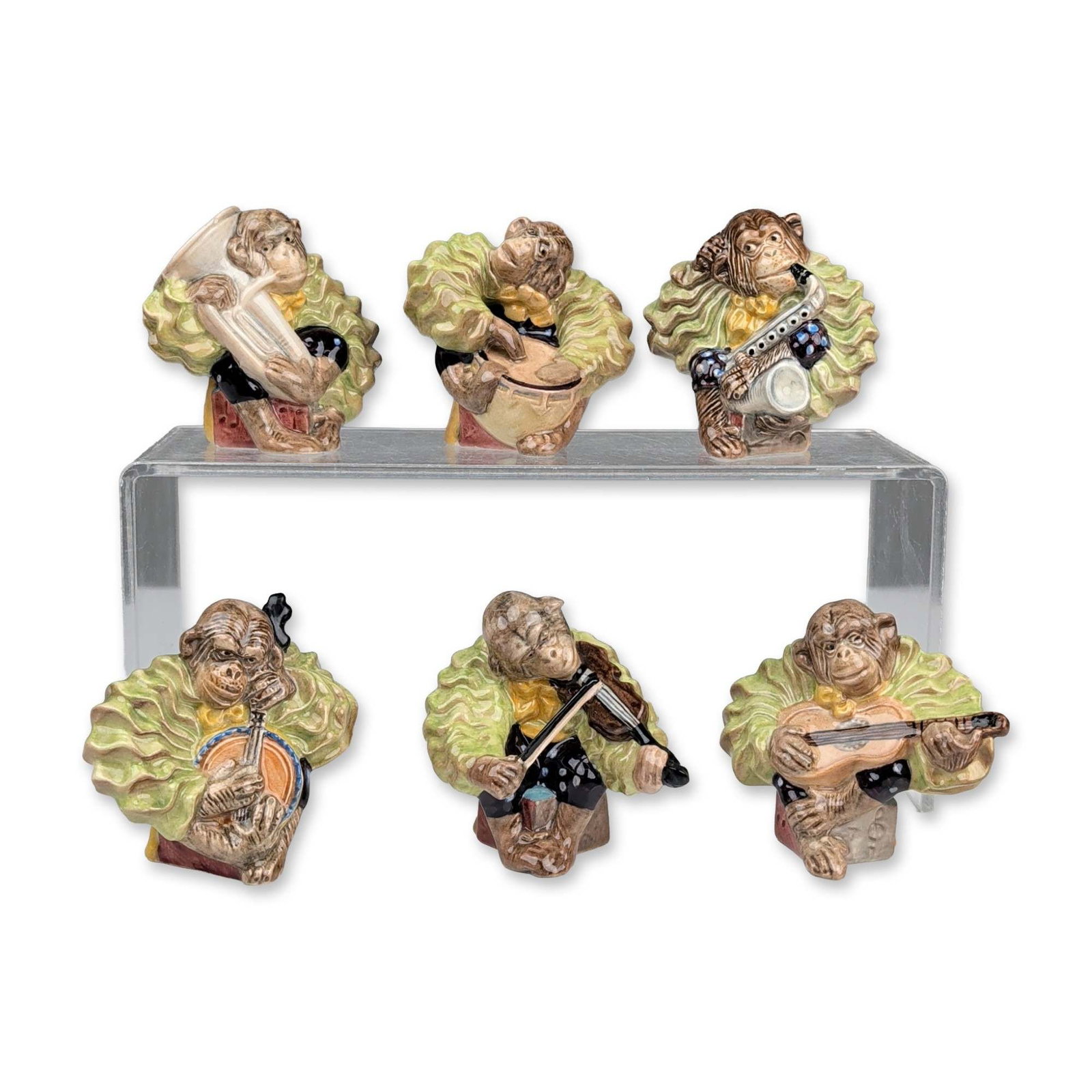 6pc Beswick English Ceramic Comical Monkey Band Figurines: Beswick English glazed ceramic figurines from the Comical Monkey Band series, comprising a set of six anthropomorphic figures. Each monkey is depicted in period costume with a distinctive green scallo