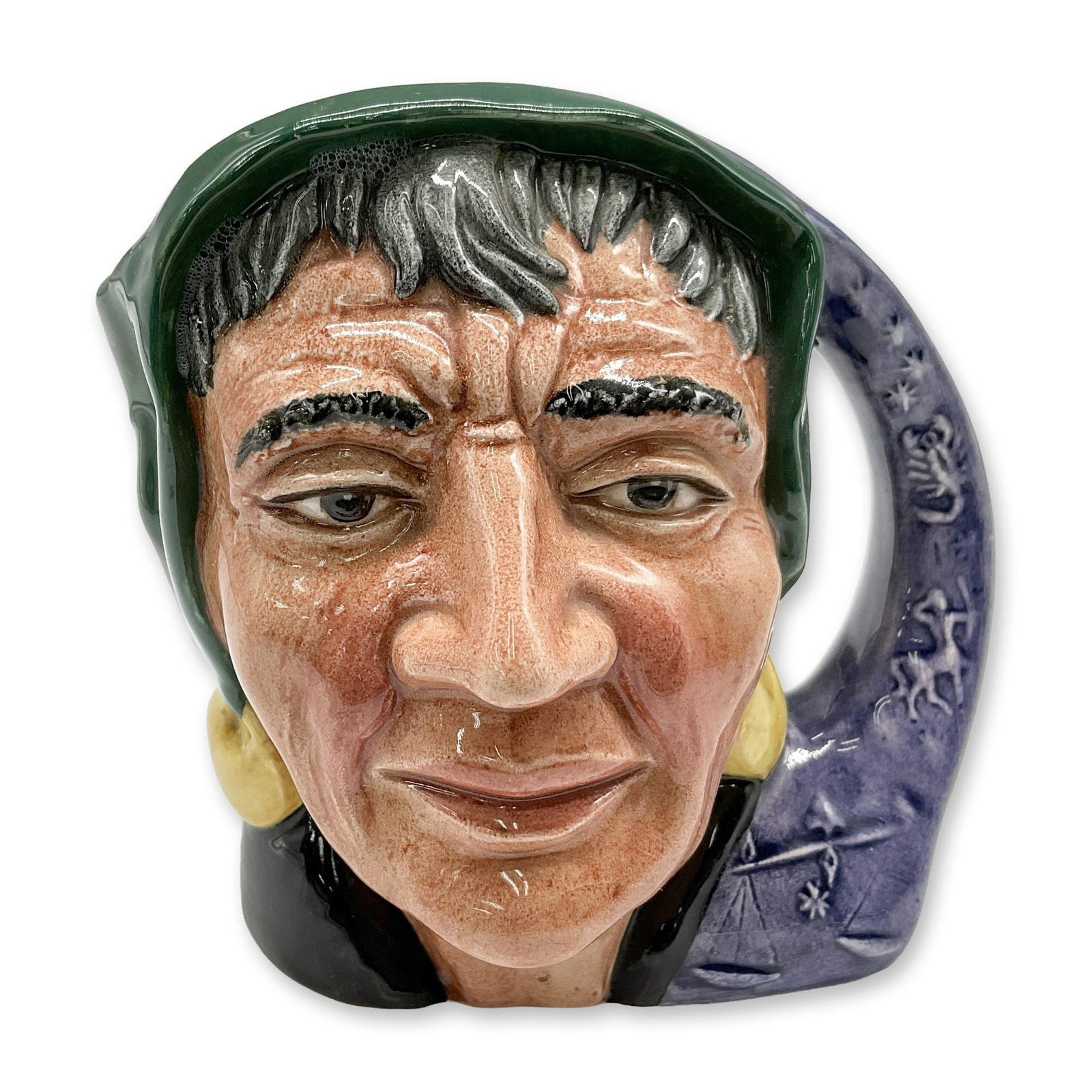 Fortune Teller D6503 - Small - Royal Doulton Character Jug: Style One, signs of the zodiac handle. Green scarf around head; black shawl; purple handle. Royal Doulton backstamp. Artist: Garry Sharpe Dimensions: 3.75"H Date or Era: 1959 - 1967 Manufacturer or Br