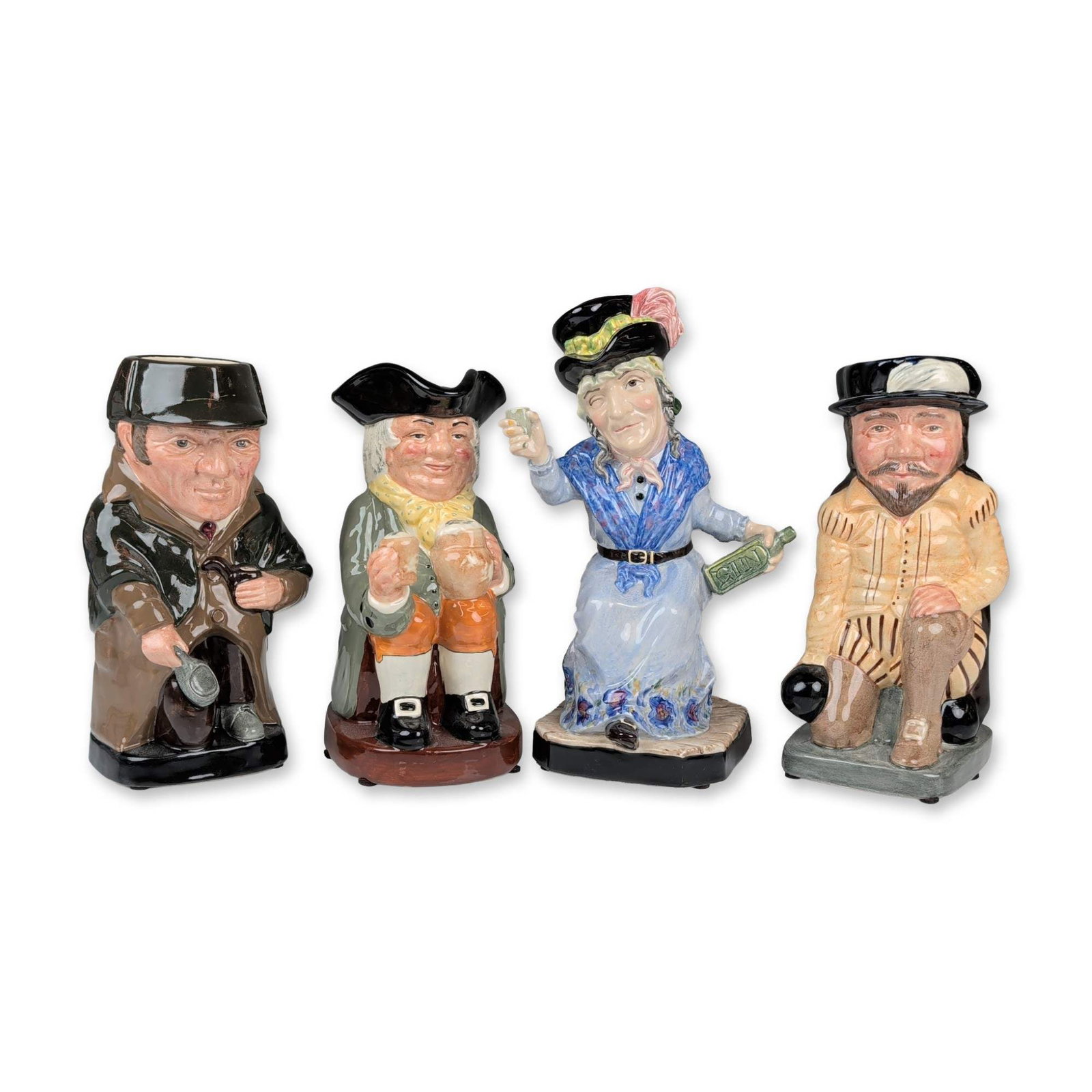 4pc Royal Doulton and Kevin Francis Toby Jugs: Assortment of four polychrome glazed ceramic character toby jugs by Royal Doulton and Kevin Francis. The collection features a Royal Doulton Sherlock Holmes figure, dated 1989 and authorized by the es