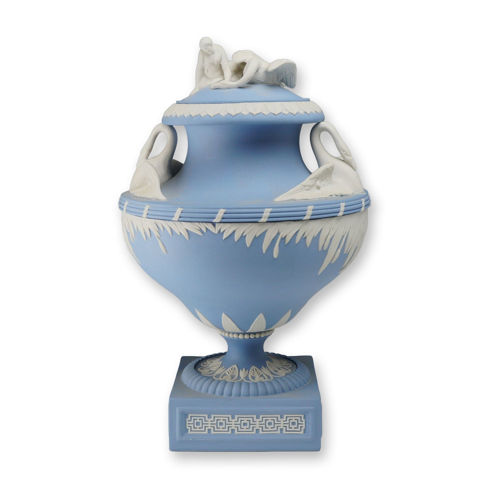 Wedgwood Jasperware Leda and the Swan Lidded Pedestal Vase Limited Edition 31 of 100: A Wedgwood pale blue jasperware Leda and Swan pedestal vase and cover from the Masterpieces Collection. This item is a limited edition reissue of an original design from circa 1780, numbered 31 of 100