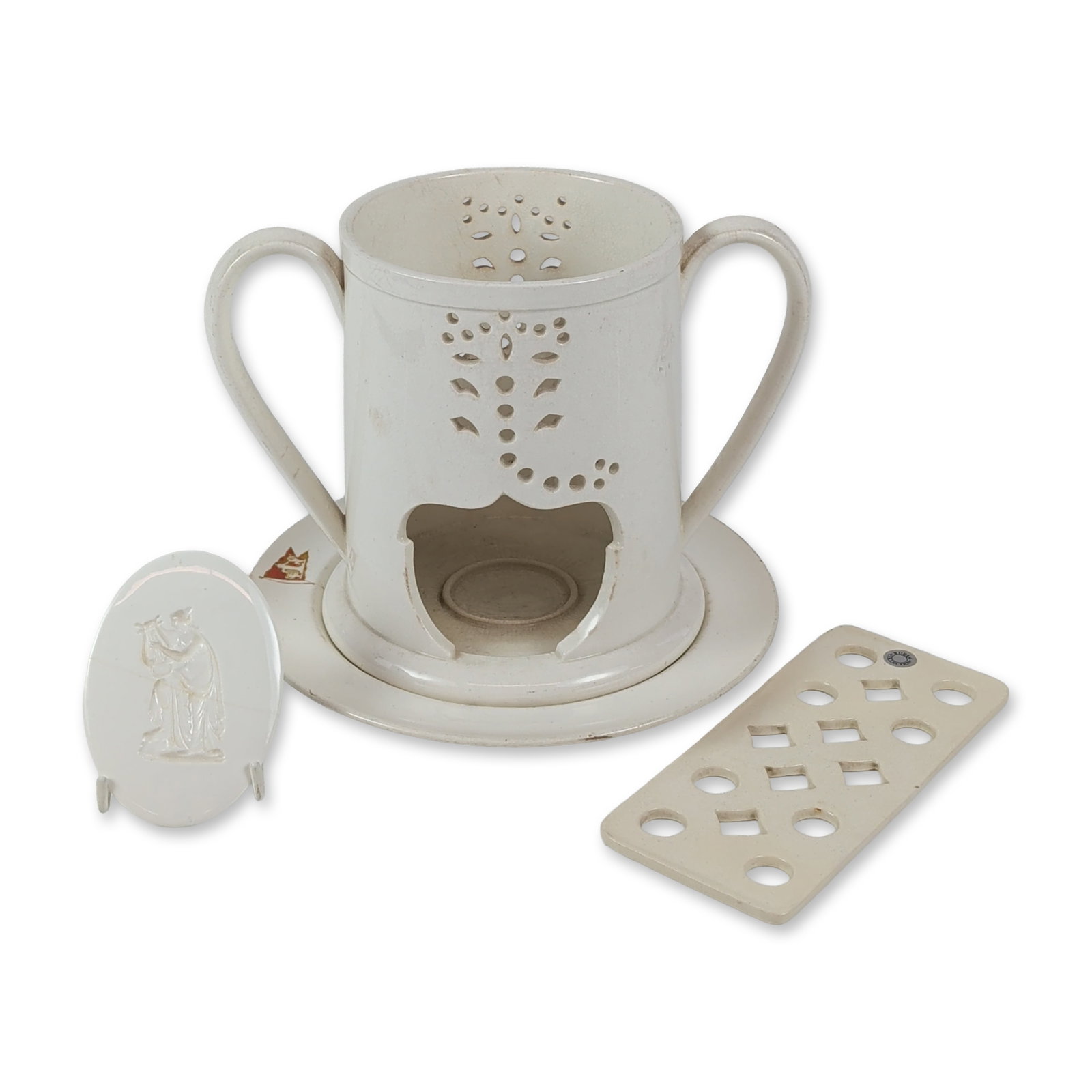 Wedgwood Queensware Creamware Food Warmer Collection: Wedgwood, Barlaston, England. Queensware creamware food warmer assembly, mid-20th century. The grouping includes a double-handled cylindrical veilleuse base with reticulated floral and geometric decor
