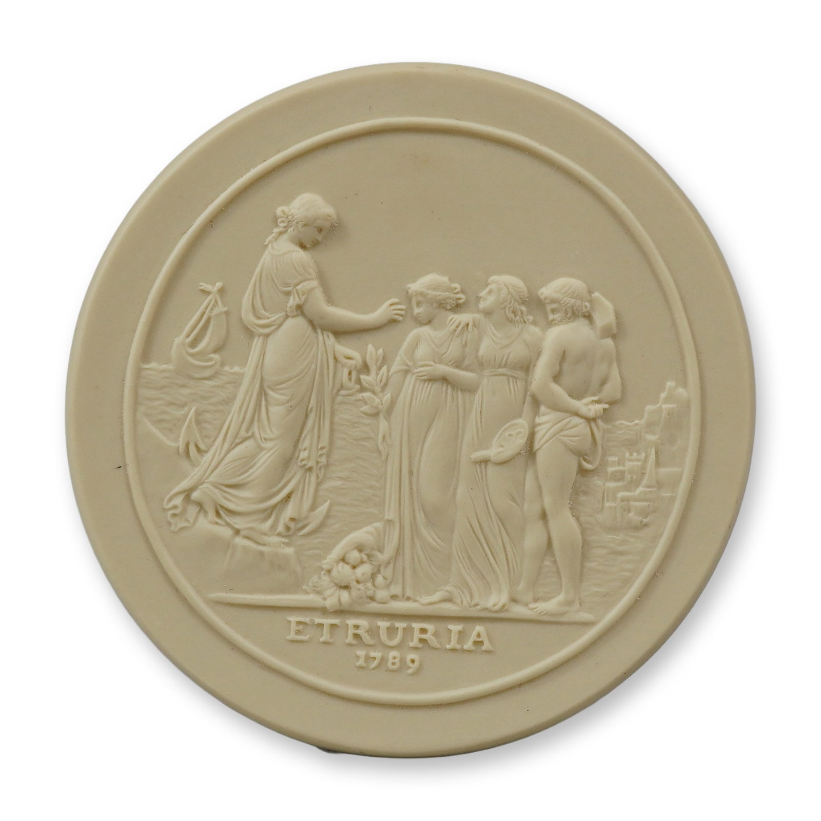 Wedgwood Sydney Cove Medallion Reproduction: A cream-colored stoneware medallion produced by Wedgwood, made as a reproduction of the 1789 Sydney Cove Medallion. The obverse features a bas-relief scene of the allegorical figure of Hope with an an
