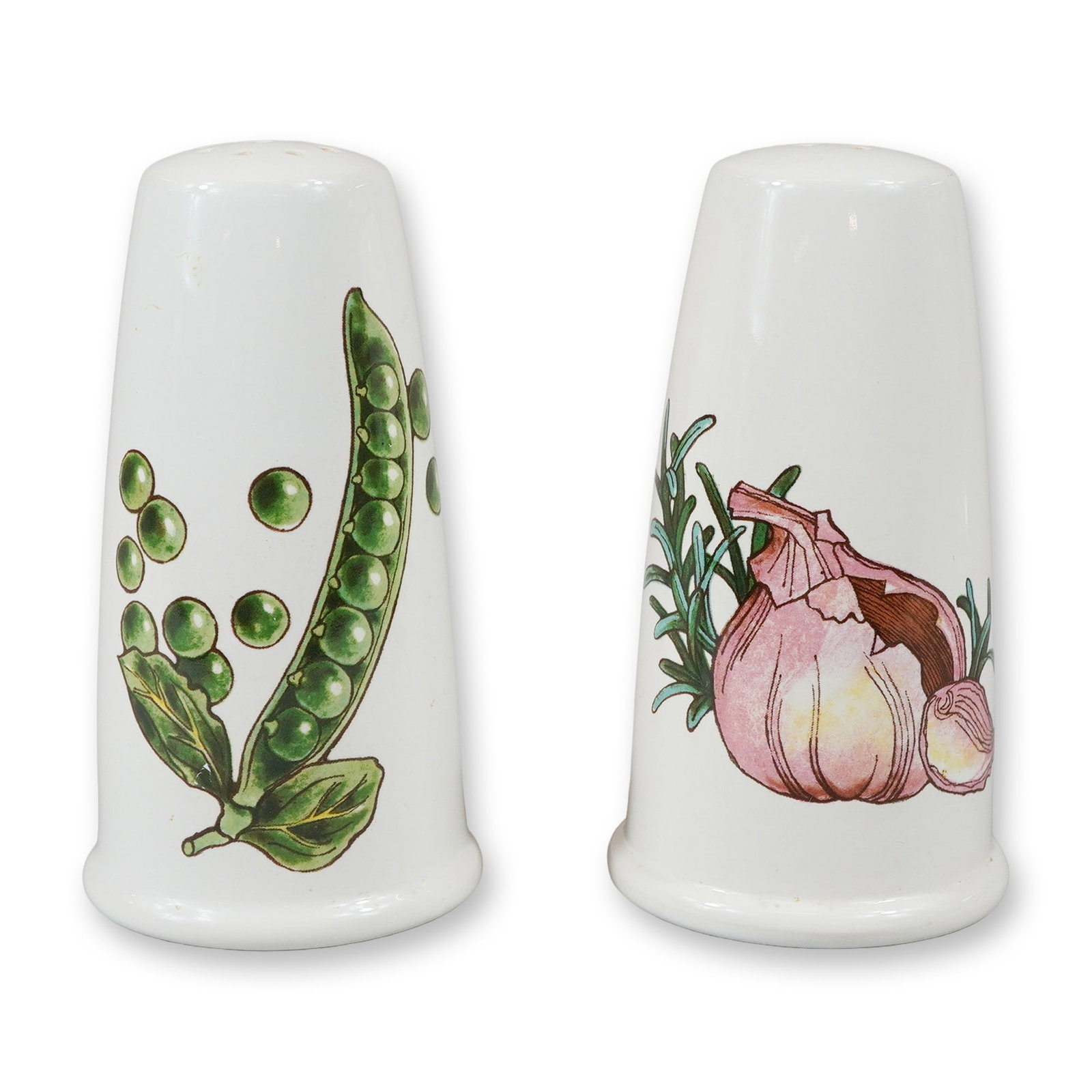 A Pair of Wedgwood Gourmet Pattern Ceramic Salt and Pepper Shakers: This pair of ceramic salt and pepper shakers is from the Wedgwood Gourmet pattern, part of the Oven to Table range. Each shaker features a tapered cylindrical form with a subtly flared base and rounde