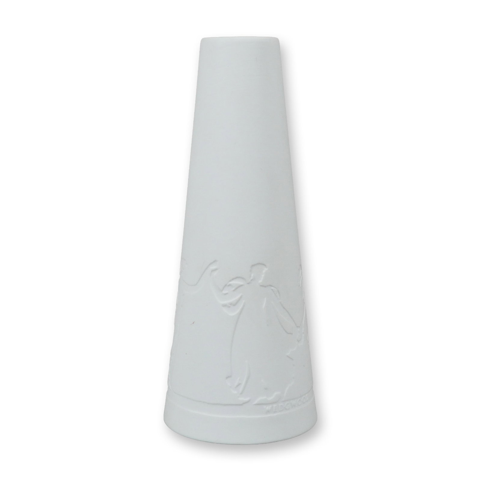 Wedgwood Muse Fine English Bone China Conical Bud Vase: A contemporary Wedgwood bud vase from the Muse collection. The vessel is constructed of fine English bone china with a matte white, unglazed bisque finish. It features a tall, tapered conical form ris