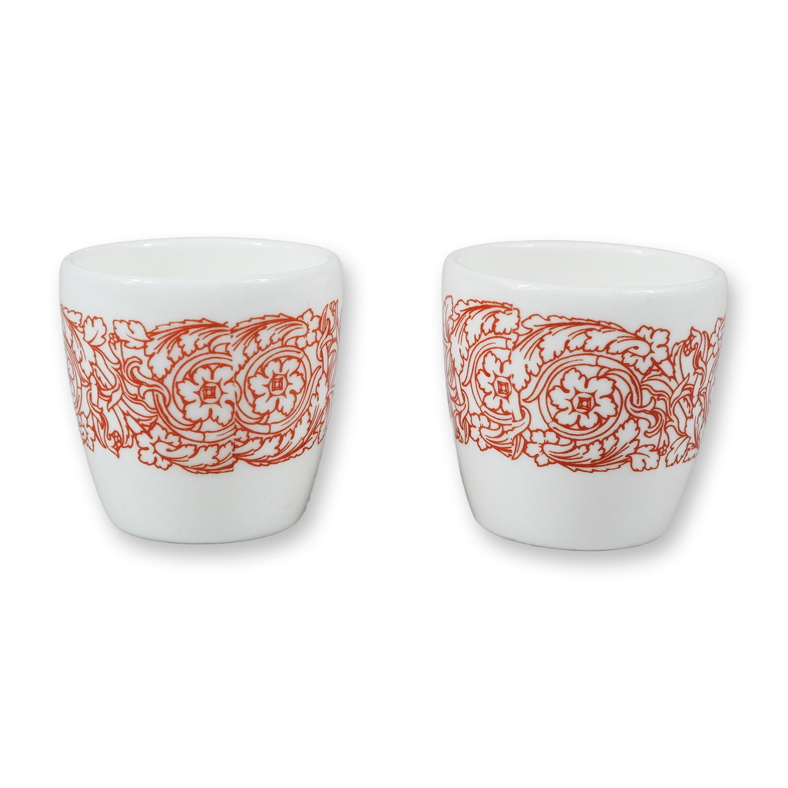 Two Small Wedgwood Bone China Hotelware Teacups: This pair of small teacups was manufactured by Wedgwood in England as part of their bone china hotelware line. Each piece features a handleless, slightly tapered cylindrical form with a rounded base. 