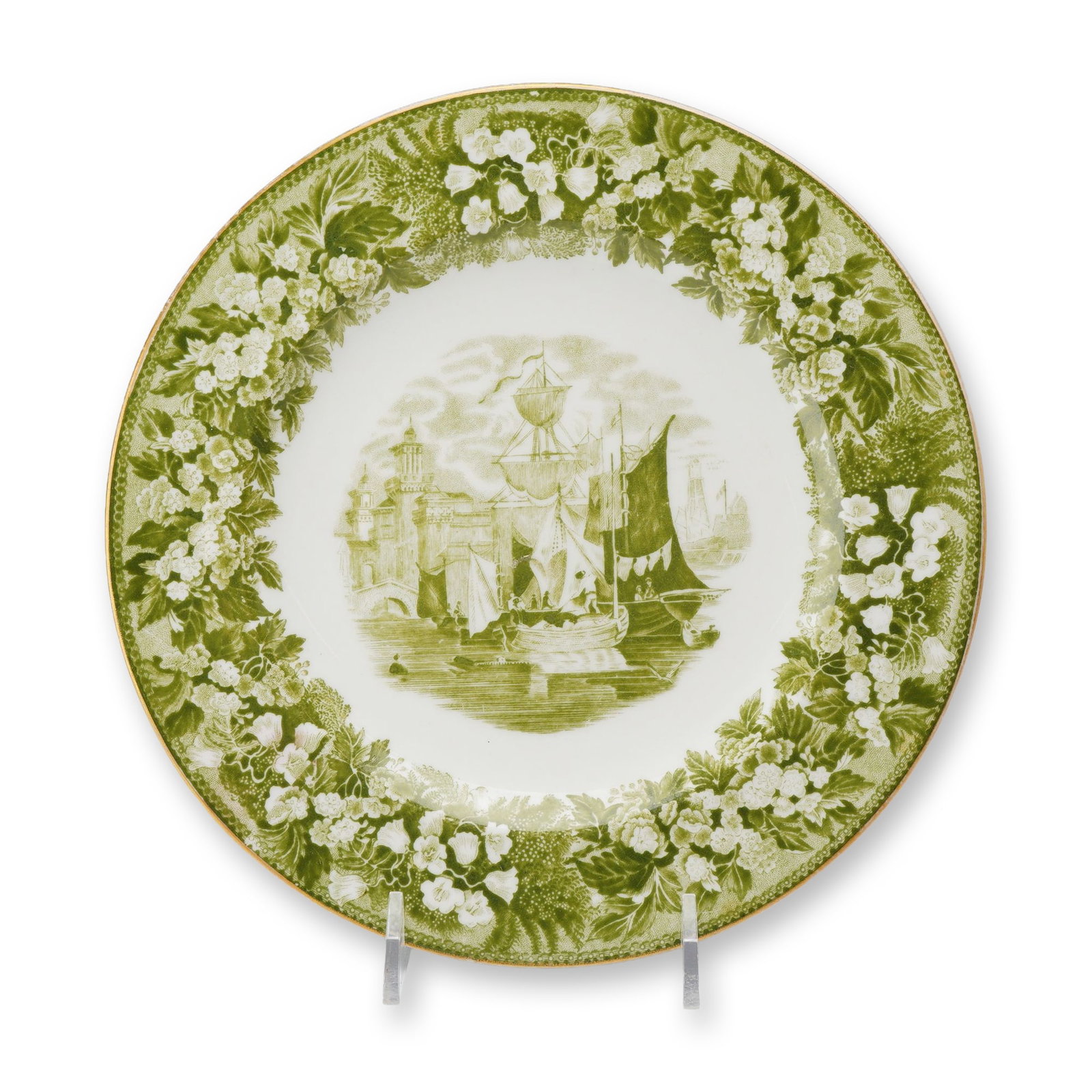 Wedgwood Bone China Ferrara Pattern Green Transfer Printed Plate: A circular bone china plate featuring the Ferrara pattern by Wedgwood. The central well is decorated with a monochrome green transfer-printed maritime scene depicting a large sailing ship, smaller ves