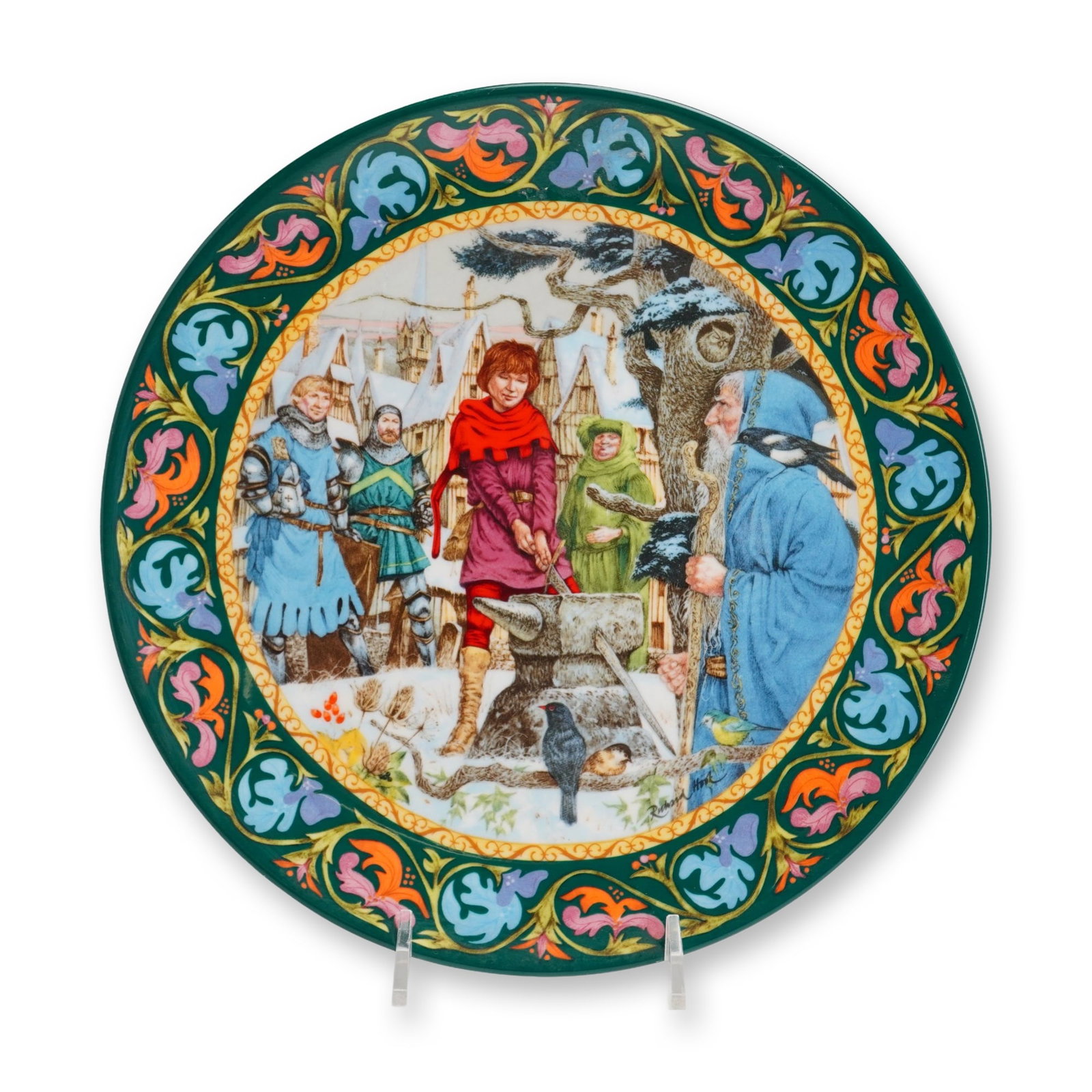 Wedgwood King Arthur Bone China Plate: Wedgwood fine bone china collector plate titled Arthur Draws the Sword, the first issue in The Legend of King Arthur series. The central well features transfer-printed artwork by Richard Hook depictin