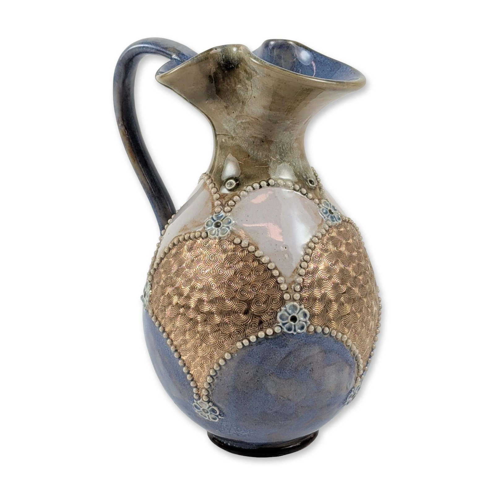 Royal Doulton Lily Partington Stoneware Jug: Doulton Lambeth art stoneware bulbous jug, circa 1891-1902, featuring three panels of raised metallic gold-toned coiled decoration. The panels are defined by white beaded borders with applied light bl