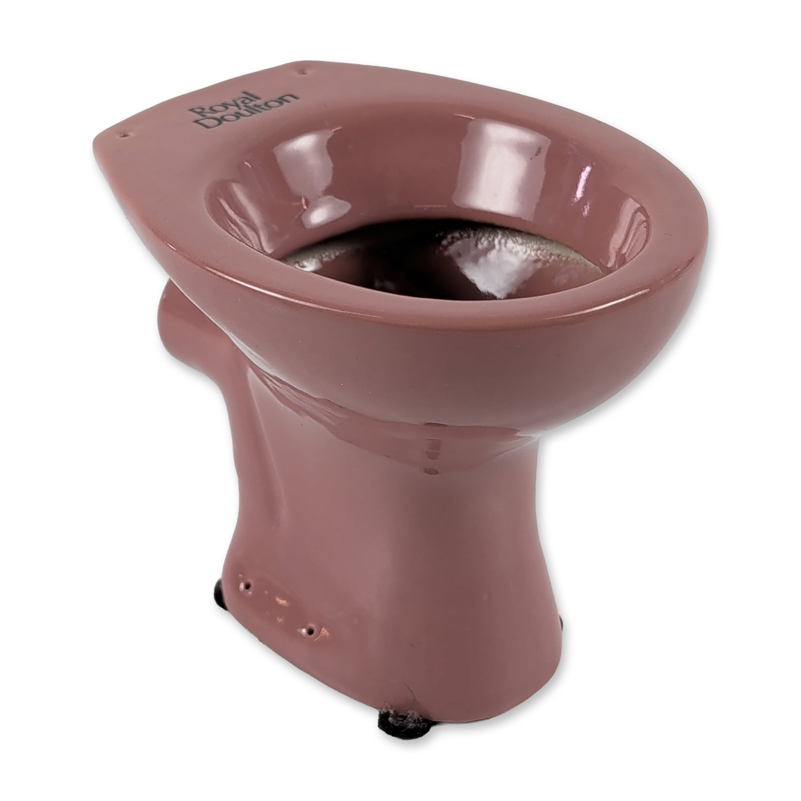Royal Doulton Ceramic Salesman Sample Toilet Bowl: Royal Doulton miniature model of a toilet bowl in ceramic with a glossy pink glaze, featuring detailed molding of the internal trap and base flange. Side vent holes and modeled screw holes present. Pr