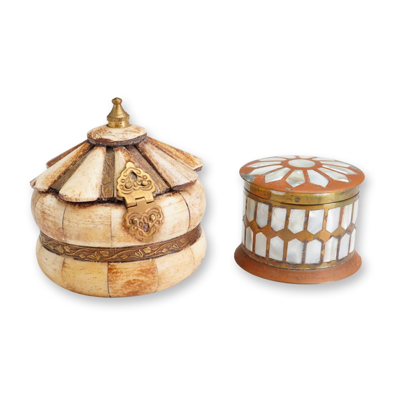 2pc Bone and Mother-of-Pearl Inlaid Trinket Boxes: Jerusalem and likely Middle Eastern, mid-to-late 20th century. A group of two vintage decorative trinket boxes featuring varied inlay techniques. The first example is a domed circular box constructed 