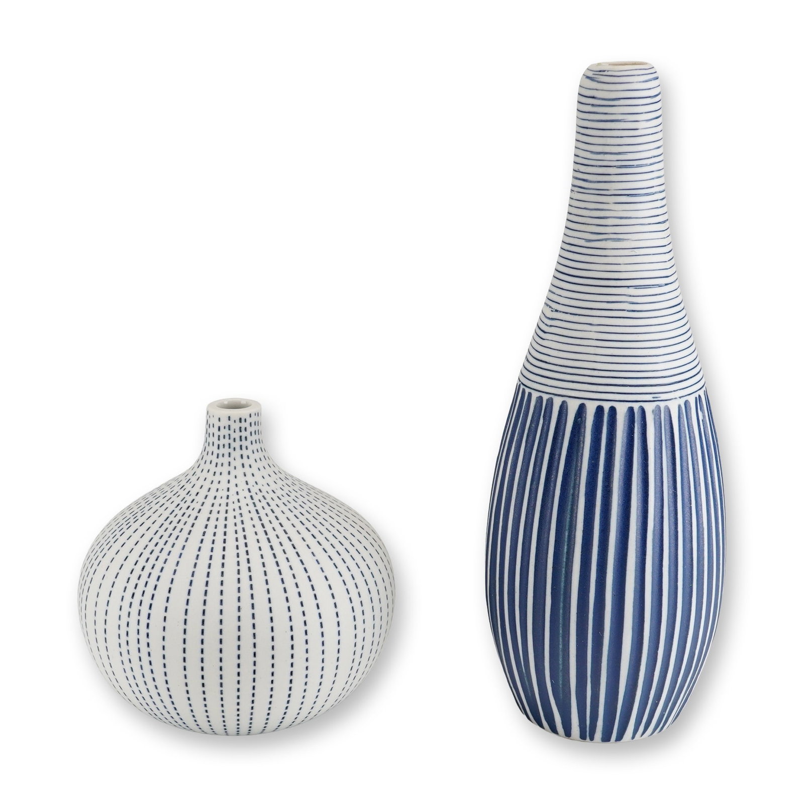 2pc Mini Porcelain Bud Vases: A pair of contemporary handcrafted porcelain mini bud vases from the Rubin Collection. This 2pc set features distinct geometric patterns in a blue and white palette. The first vase is spherical with a