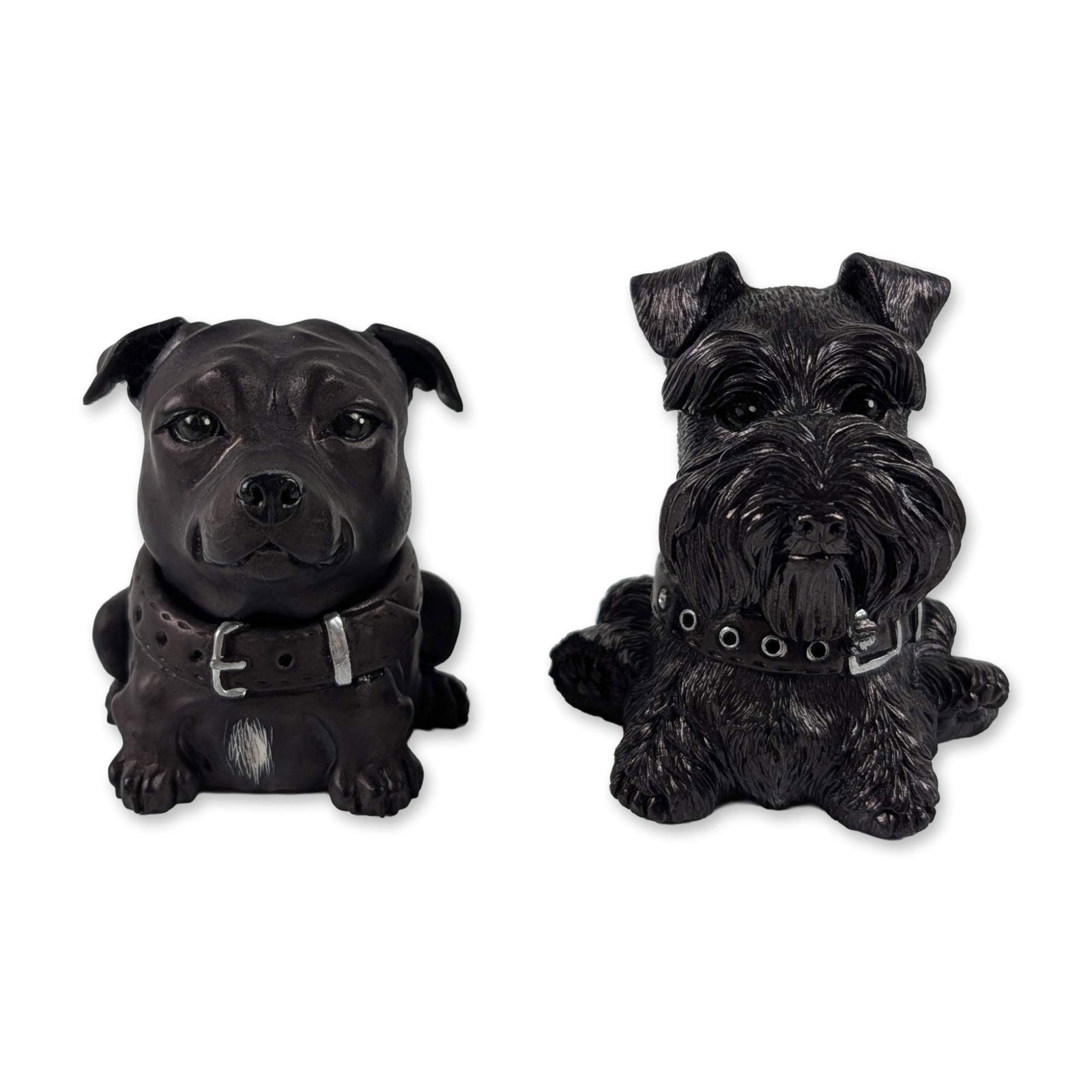 2pc Neil Eyre Designs Dog Face Pots: Neil Eyre for Eyre Designs. Two dog figural face pots in cast resin with a charcoal-black matte finish, featuring a Staffordshire Bull Terrier and a Schnauzer. Each figurine is a two-part
