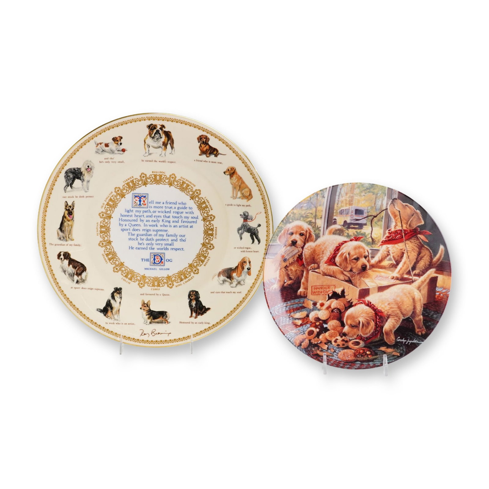 2pc Aynsley and Bradford Exchange Dog-Themed Plates: Two decorative porcelain collector plates featuring canine illustrations. The first is an Aynsley fine bone china plate titled The Dog, dated 1978. The design features a central poem by J. Michael Gil