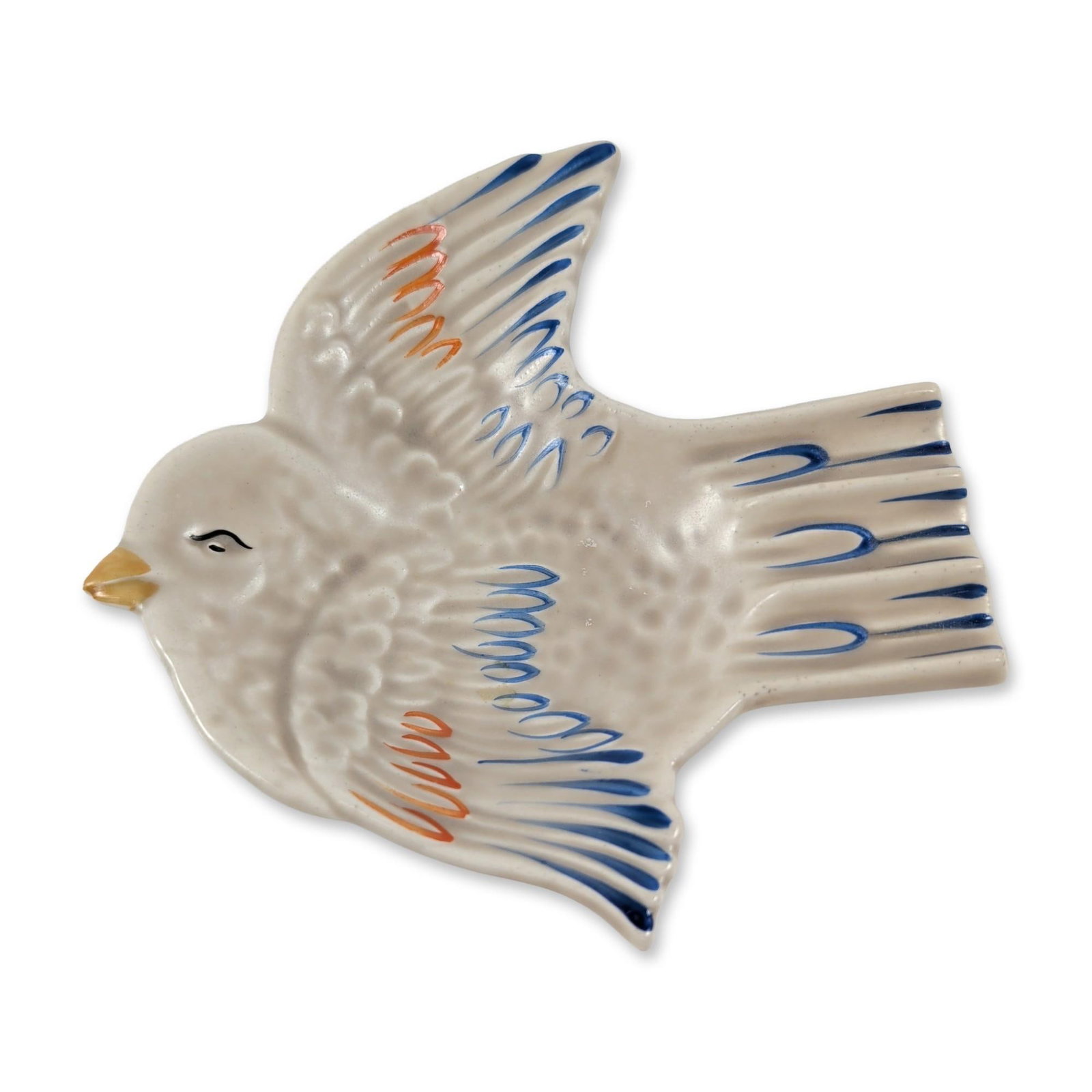 Clarice Cliff Wilkinson Ceramic Bird Shaped Ashtray: Clarice Cliff for Wilkinson Ltd. (England). Earthenware ashtray in the form of a swooping bird, featuring relief-molded construction with hand-painted underglaze decoration. Stylized feathering is ren