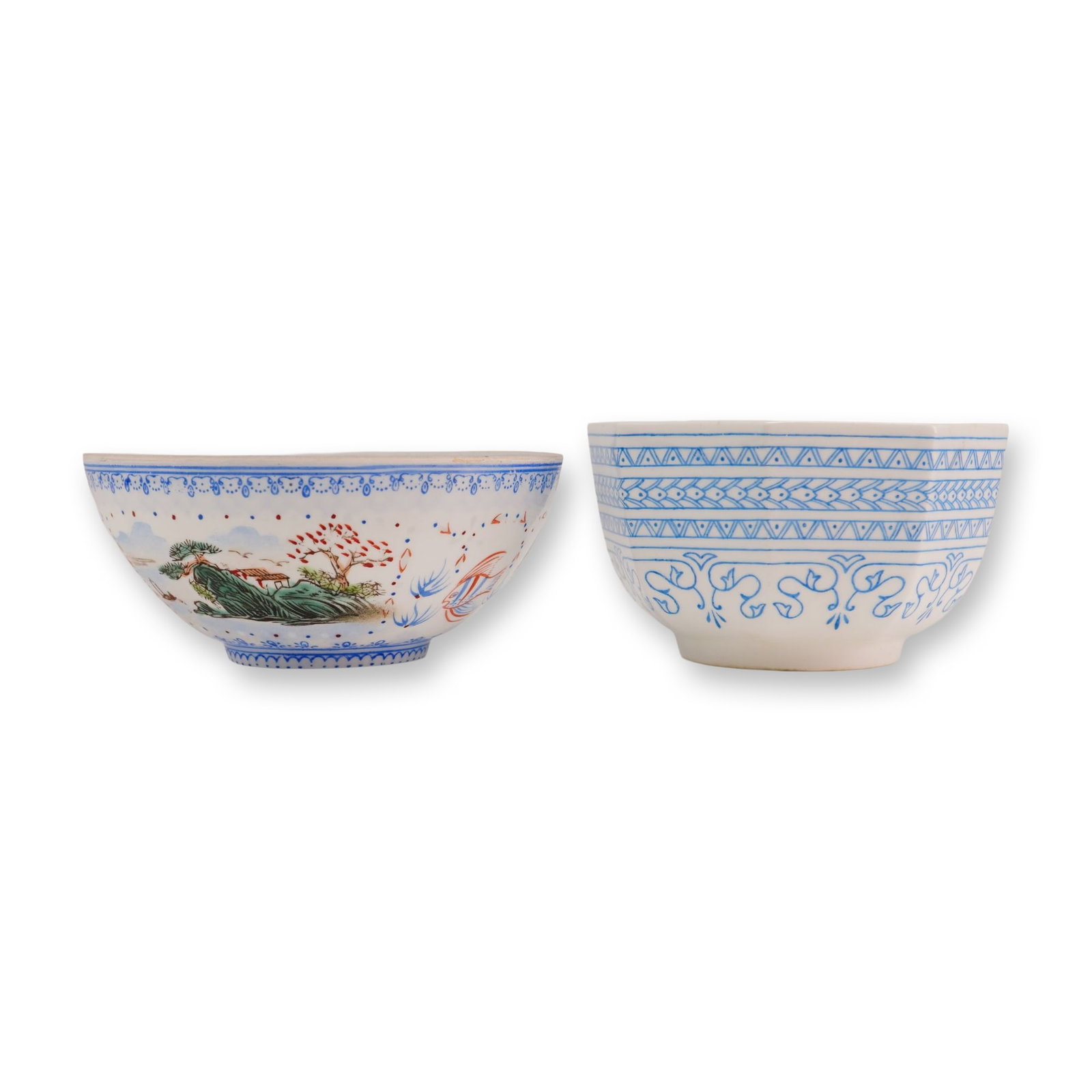 Two Asian Porcelain Cups, ca. 1890: This lot consists of two Asian porcelain cups dating to approximately 1890. The items feature provenance from the Rubin Collection, as indicated by an adhesive collector sticker and a handwritten pape