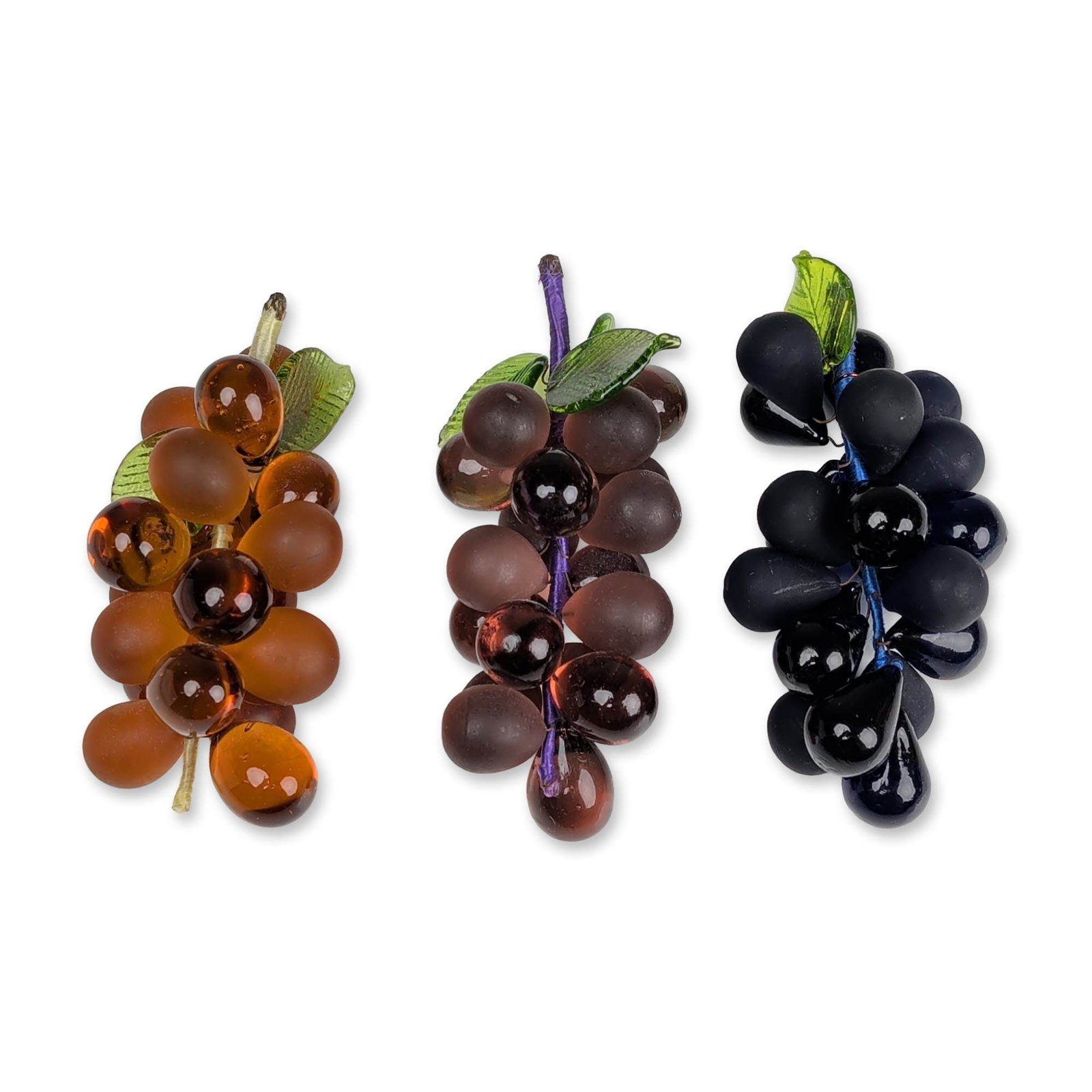 3pc Art Glass Grape Clusters: Each cluster is hand-assembled with individual glass beads in varying sizes, featuring a combination of high-gloss translucent and frosted satin finishes. The beads are attached via wire loops to a