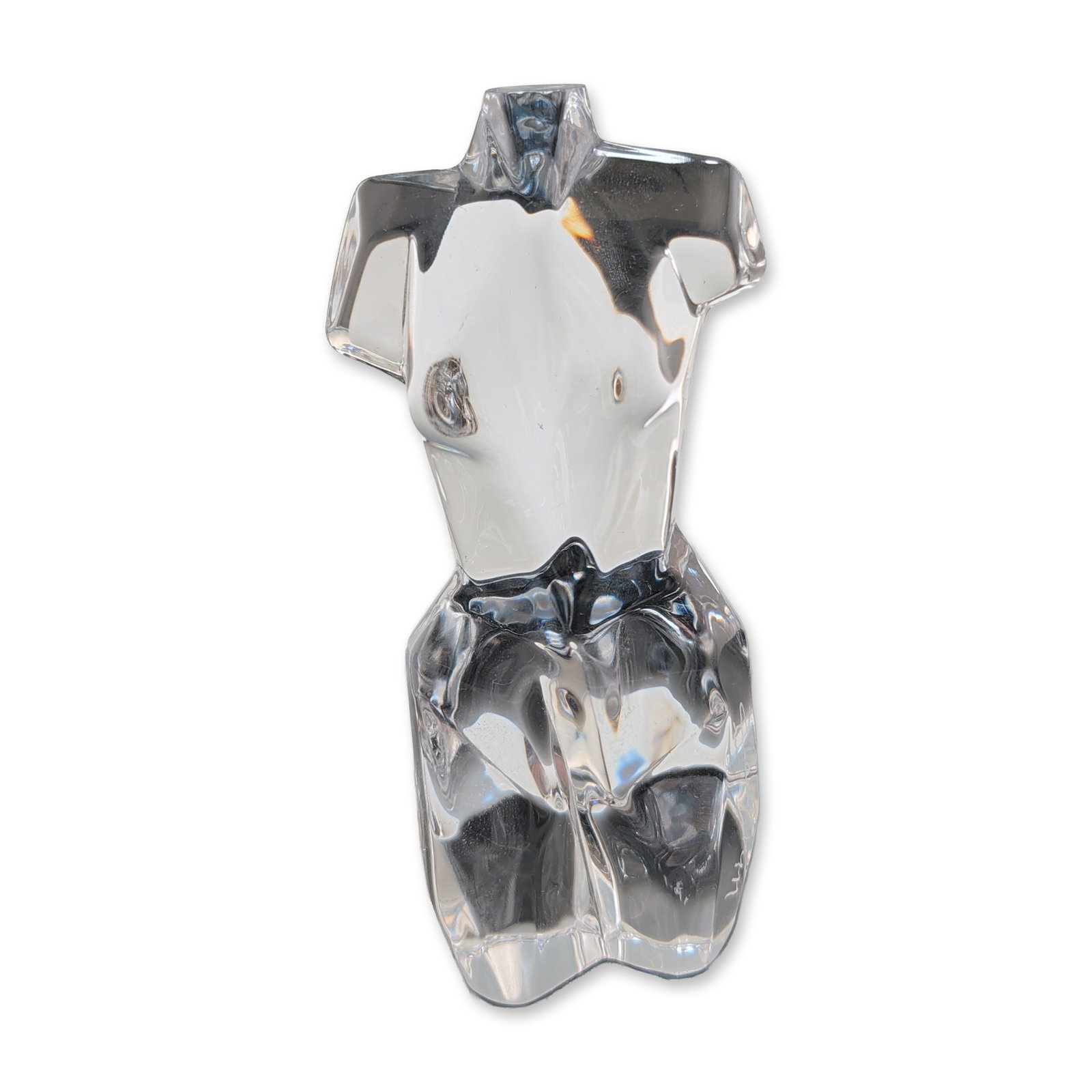 Daum France Crystal Torso Sculpture, Signed: Daum, France. Modern abstract female torso sculpture in clear lead crystal. Prismatic, faceted form featuring geometric planes that refract light. Hand-incised signature on side and Daum on the base, 