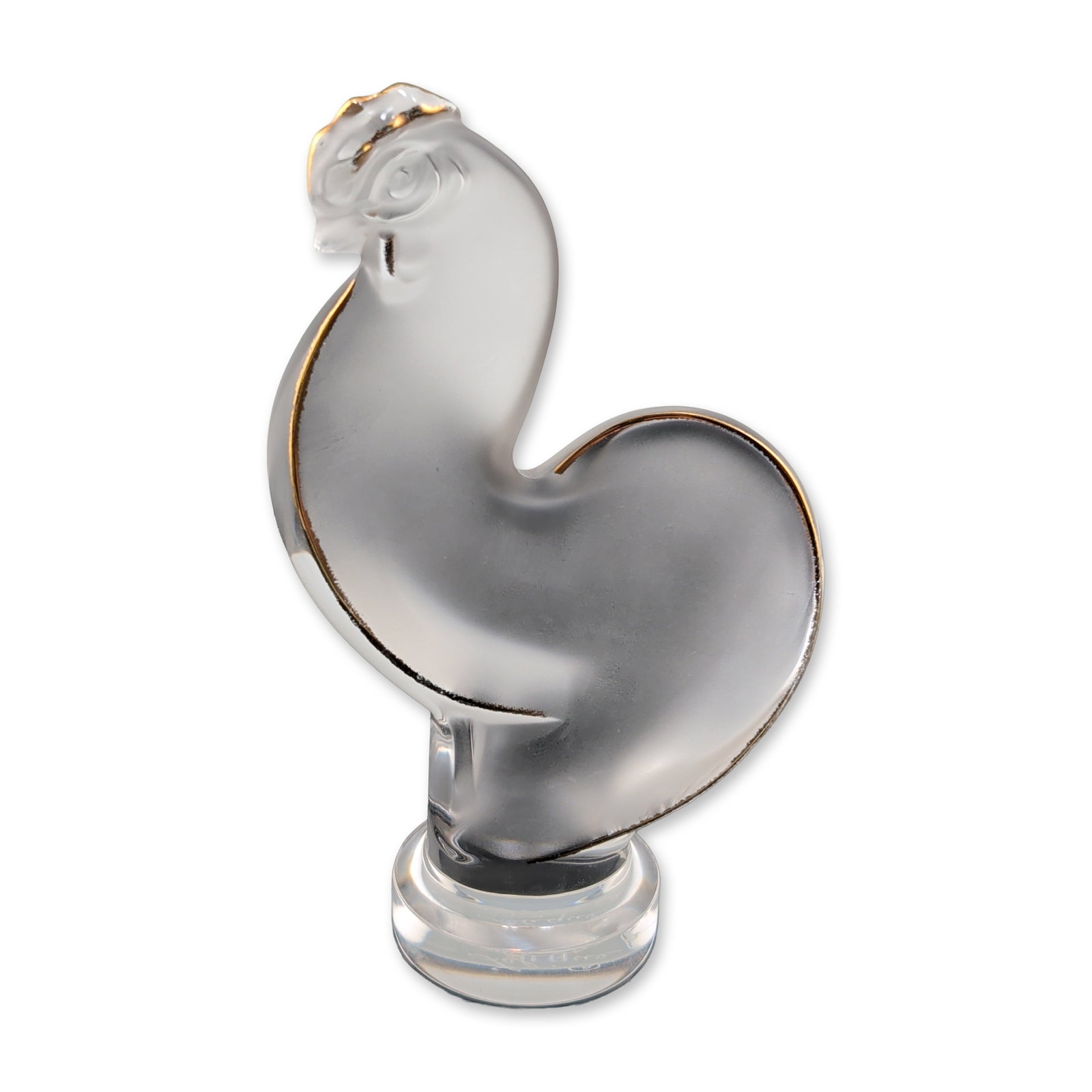 Lalique France Crystal Gold Luster Rooster Figurine: Lalique France. Figurine in frosted and polished crystal, featuring the Coq Nain (Dwarf Rooster) head design. The clear glass structure is accented with gold gilding on the comb, beak, and base of the